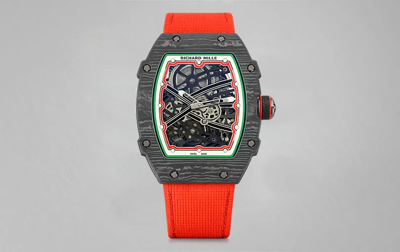 Richard Mille RM 67-02 skeleton watch red strap forged carbon case ultra thin lightweight