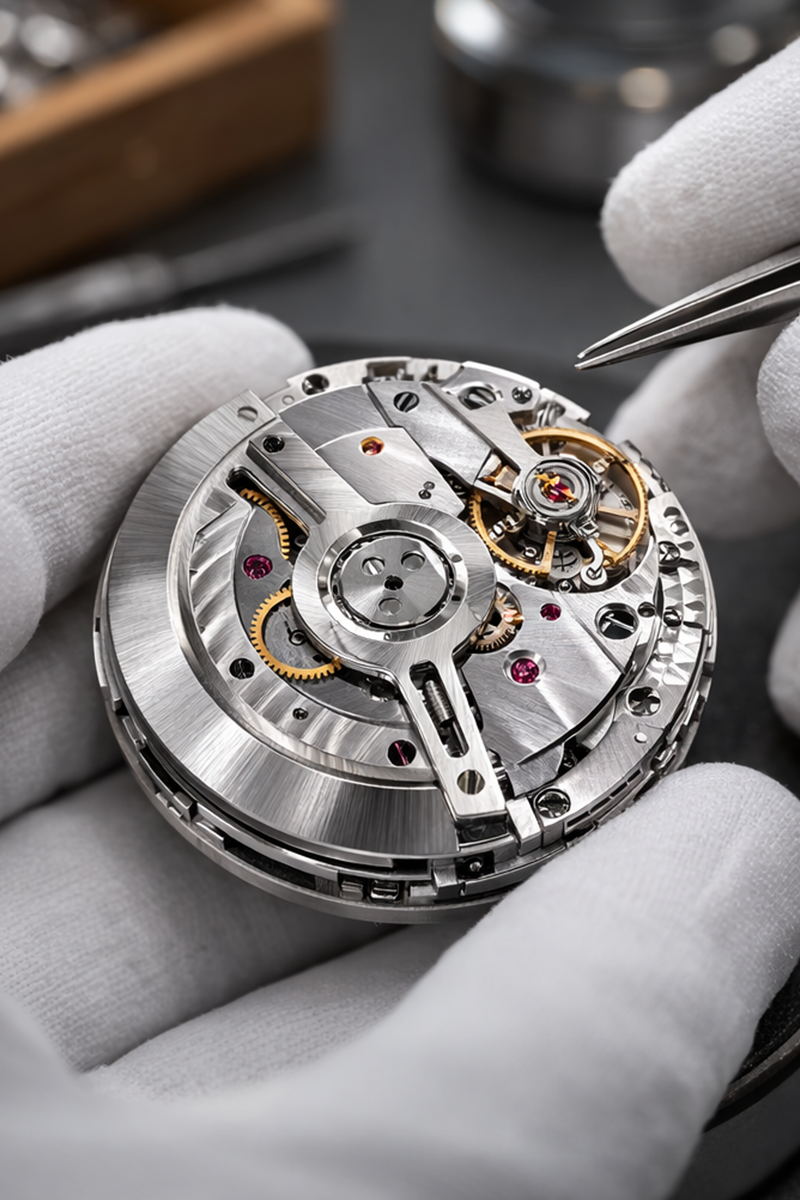 Watchmaker handling a mechanical watch movement