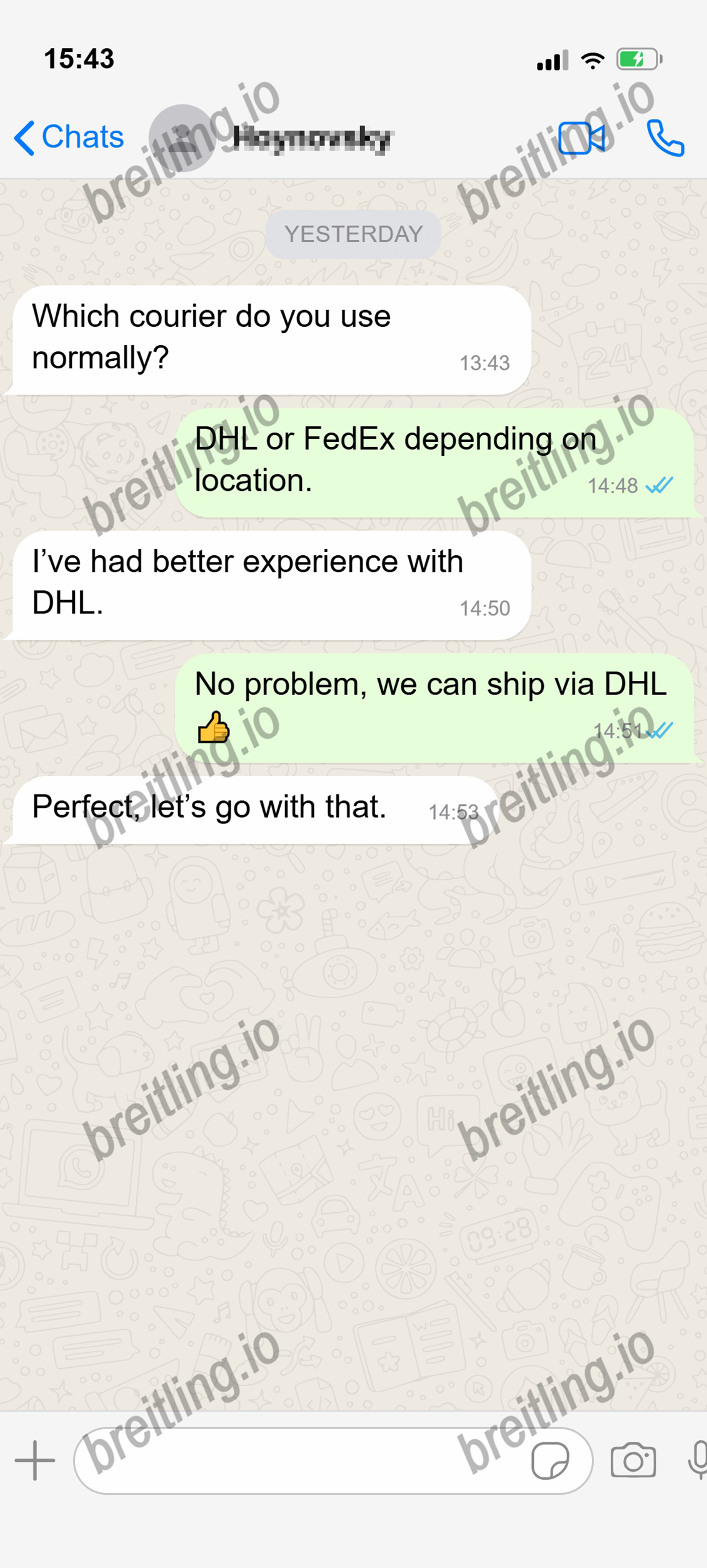 WhatsApp chat about choosing DHL shipping.
