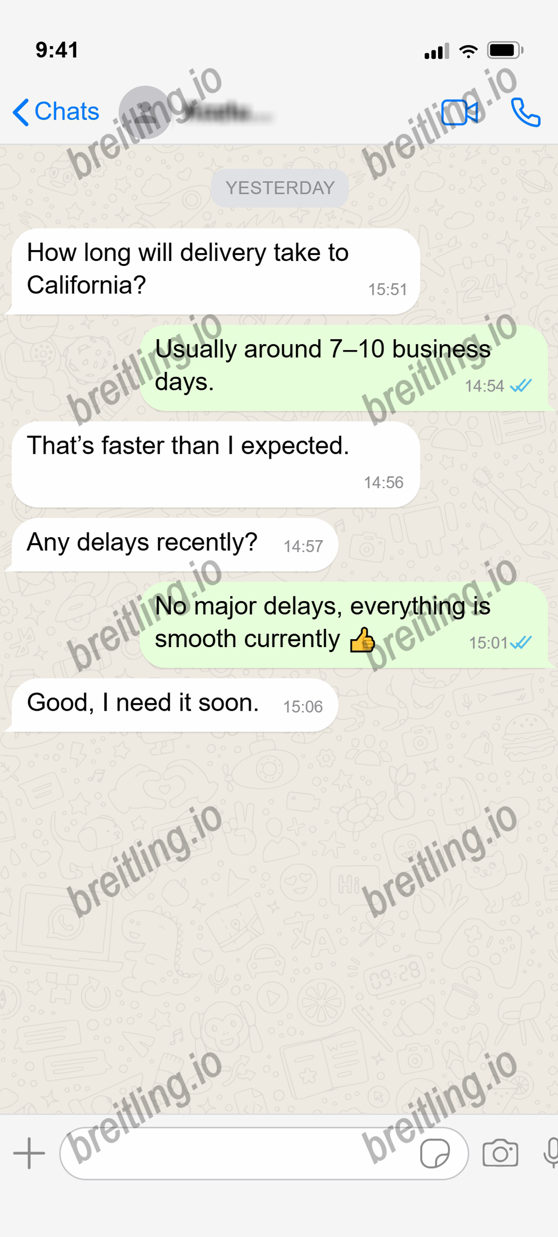 WhatsApp chat about delivery time and shipping status.