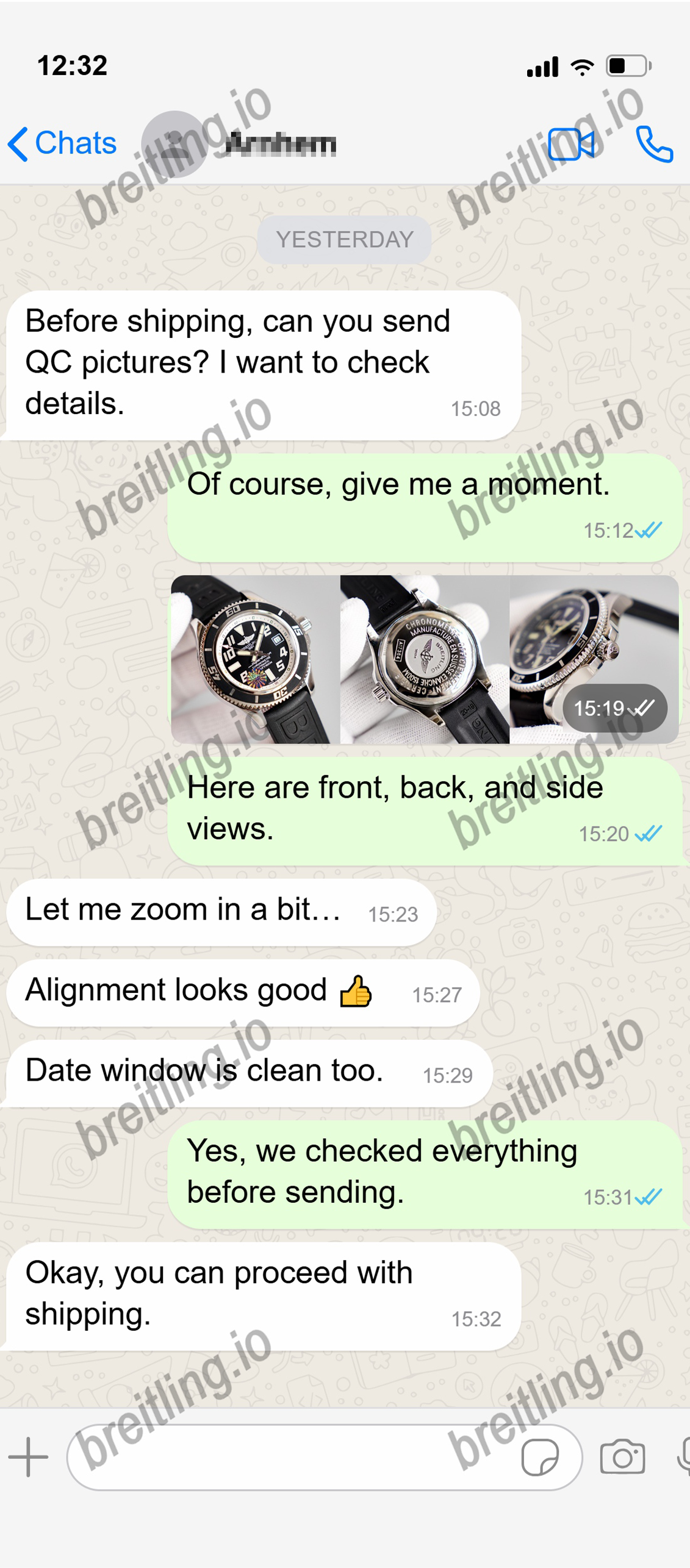 WhatsApp chat with QC photos and shipping approval.