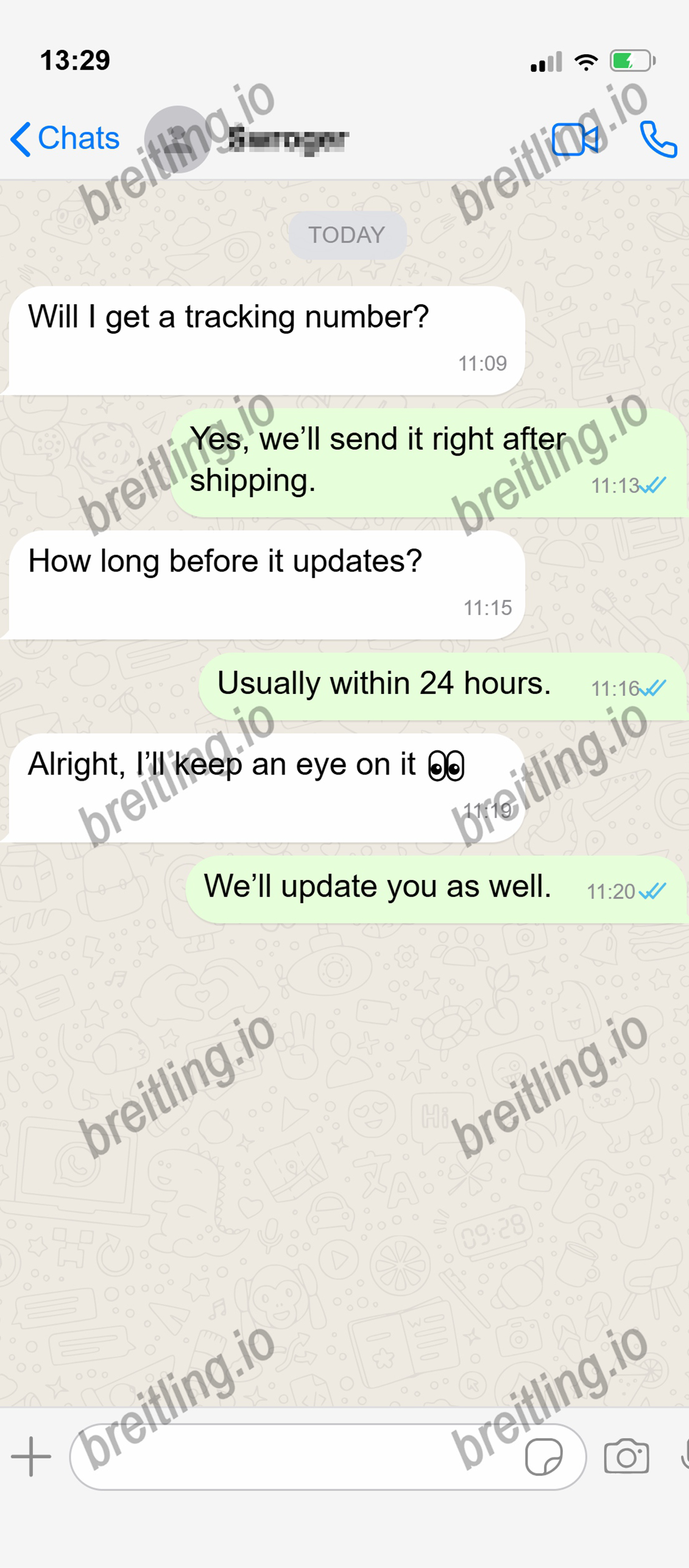 WhatsApp chat about tracking and delivery updates.