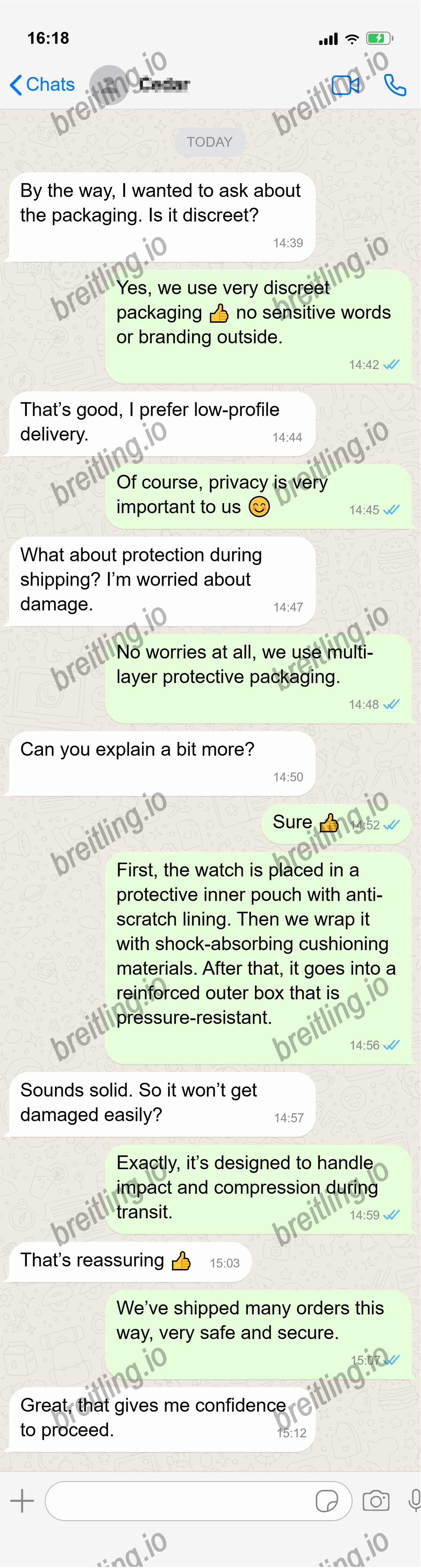 WhatsApp chat about secure and discreet packaging.