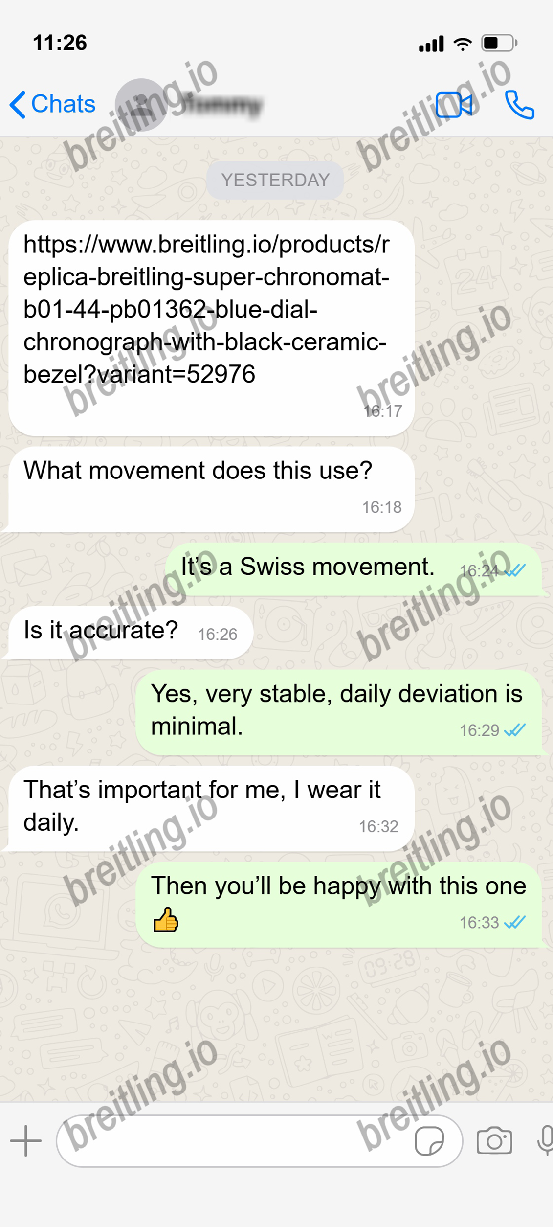 WhatsApp chat about watch movement and accuracy.