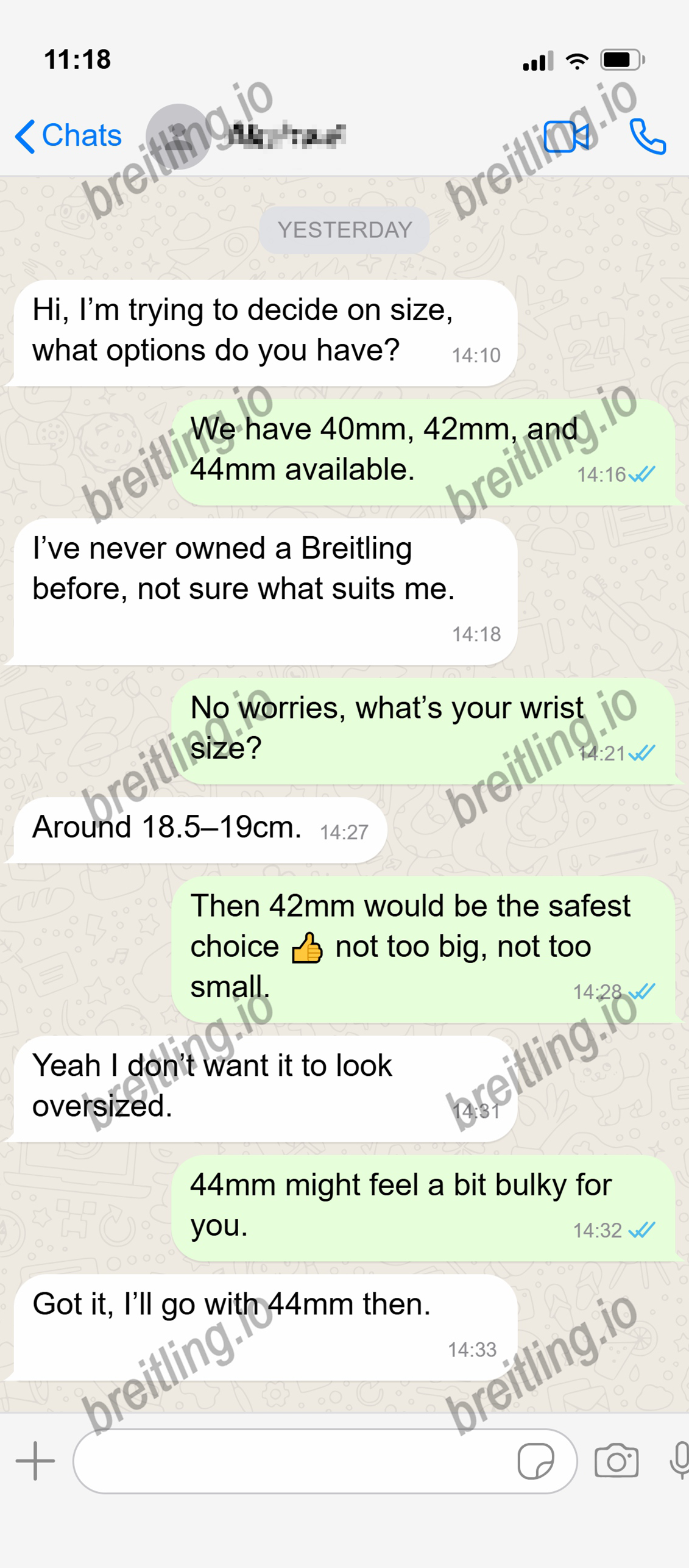 WhatsApp chat about choosing the right watch size.