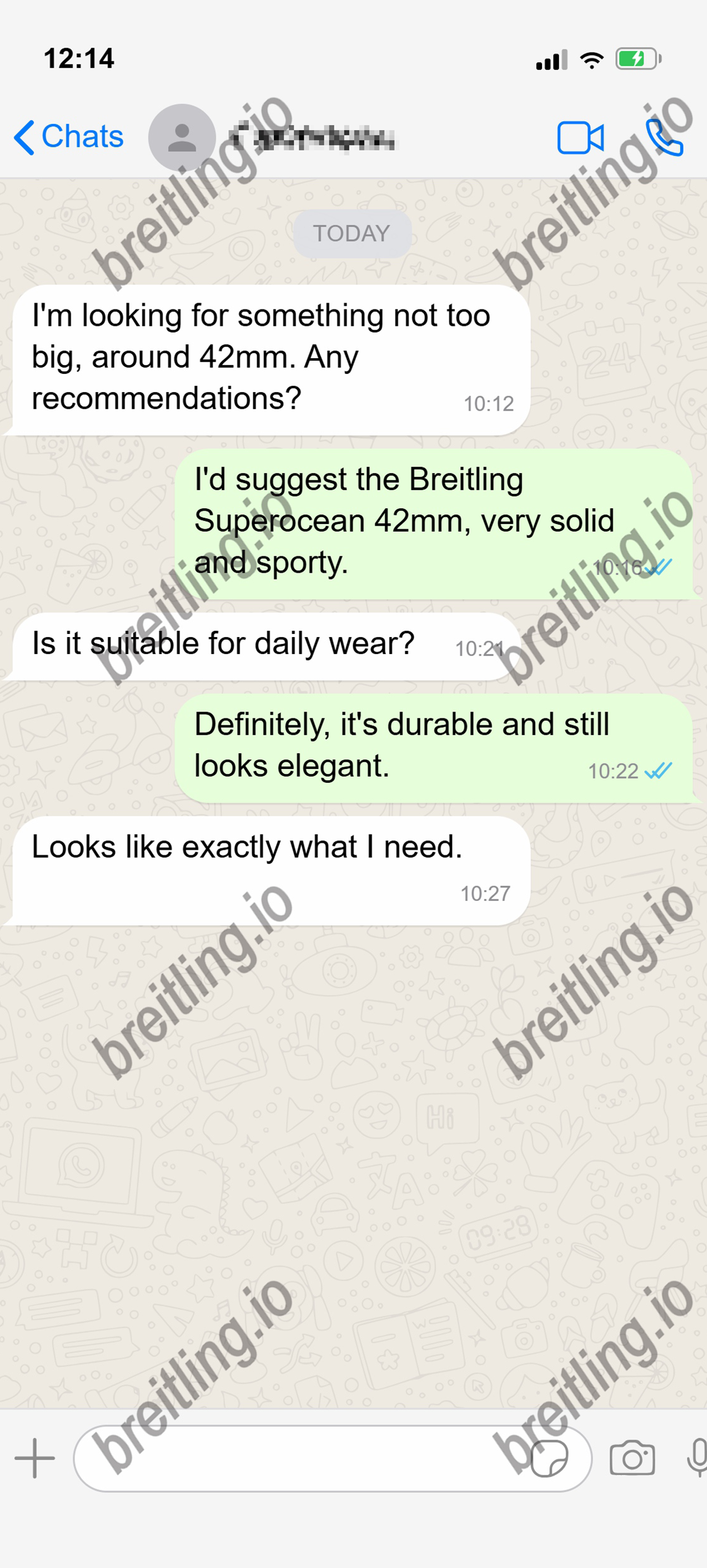 WhatsApp chat about choosing a 42mm watch.
