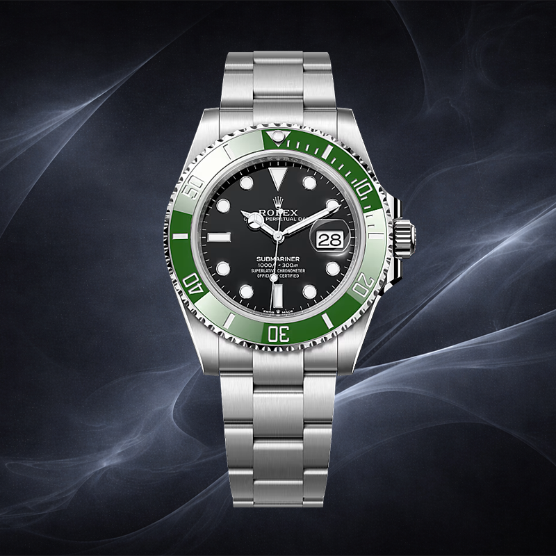 Rolex Submariner watch with black dial and green bezel