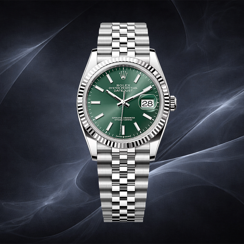 Rolex Datejust watch with green dial and stainless steel bracelet