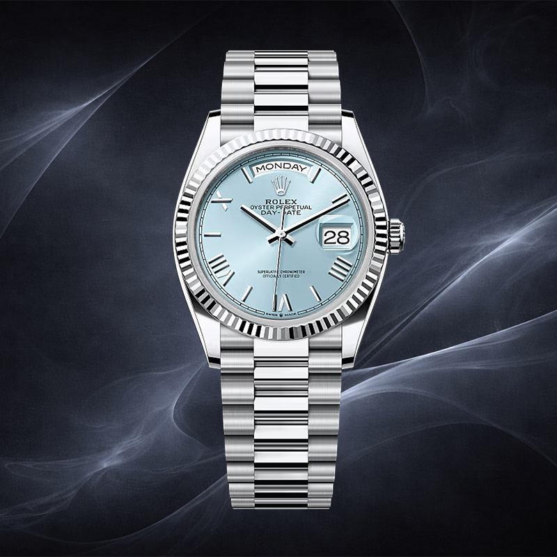 Rolex Day-Date watch with light blue dial and stainless steel bracelet