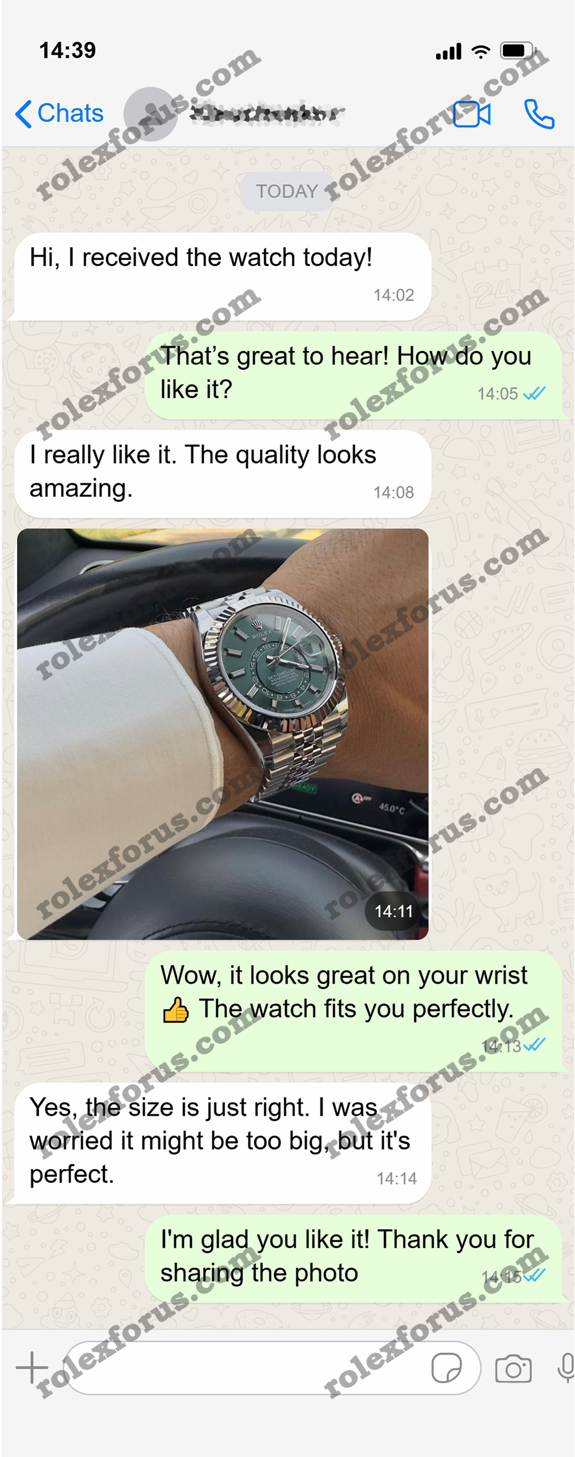 WhatsApp chat with a satisfied watch customer and wrist photo.