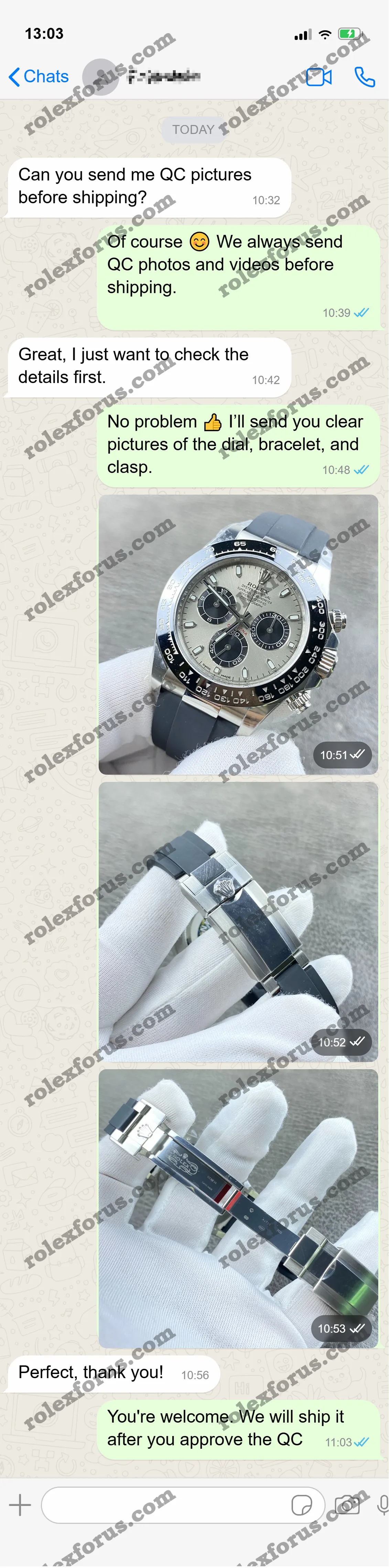 WhatsApp chat with watch QC photos before shipping.