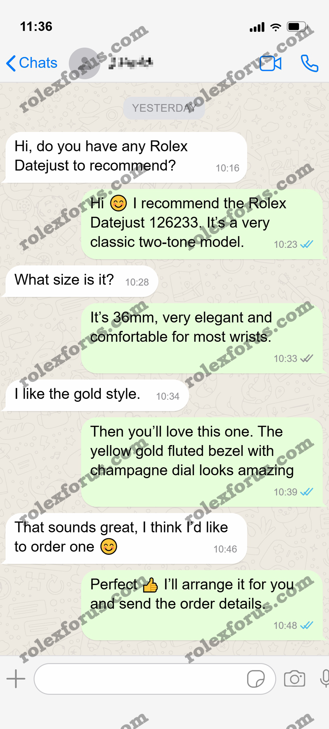 WhatsApp chat about choosing and ordering a Rolex Datejust.