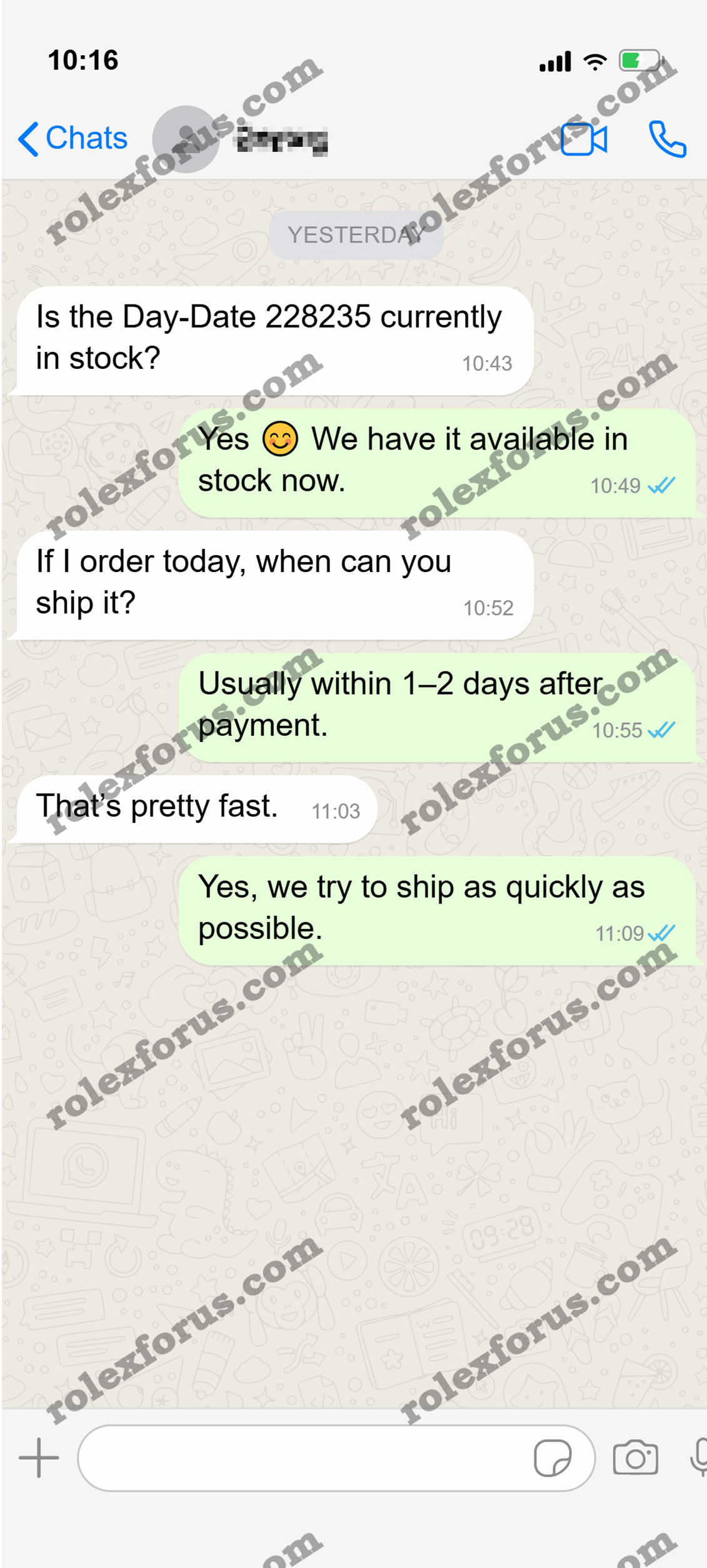 WhatsApp chat about watch availability and shipping time.