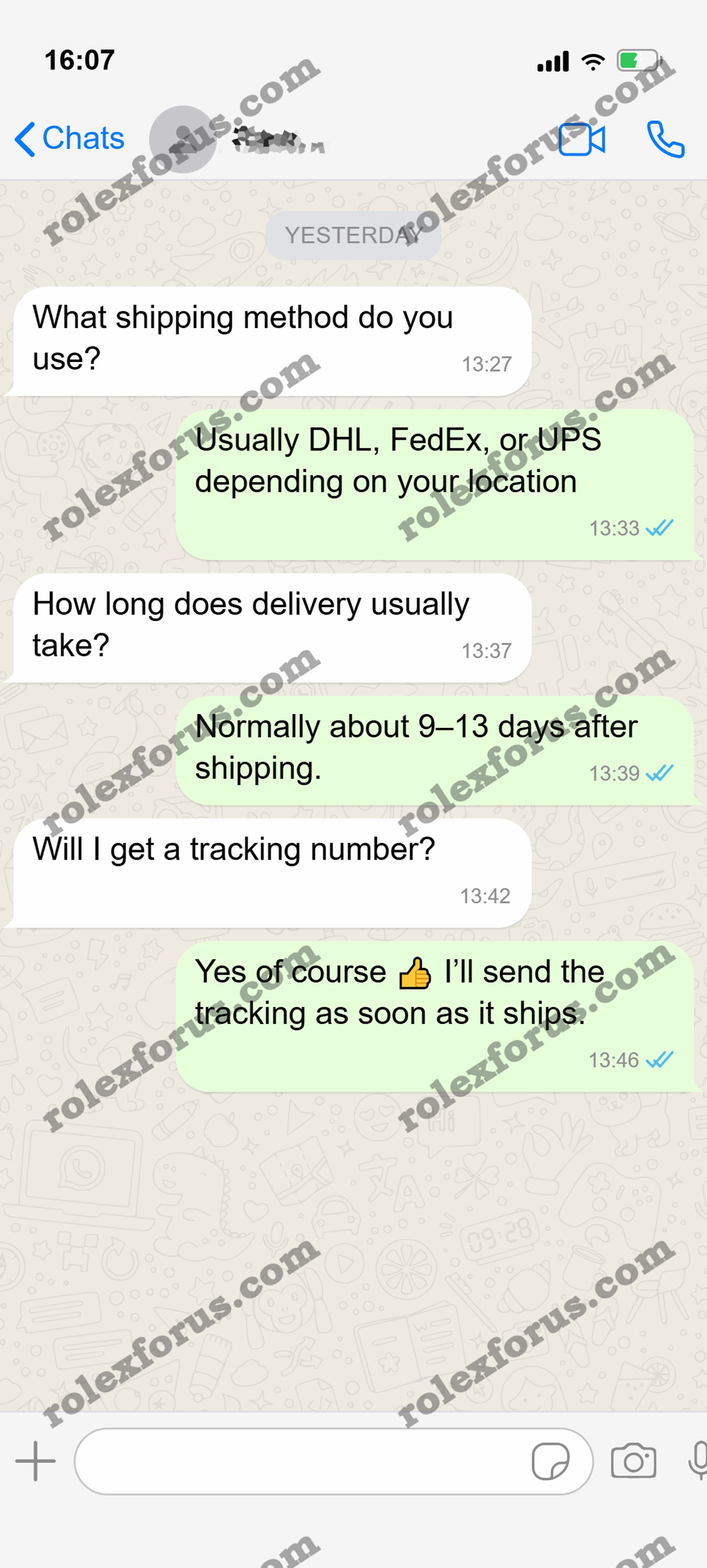 WhatsApp chat about shipping and delivery details.