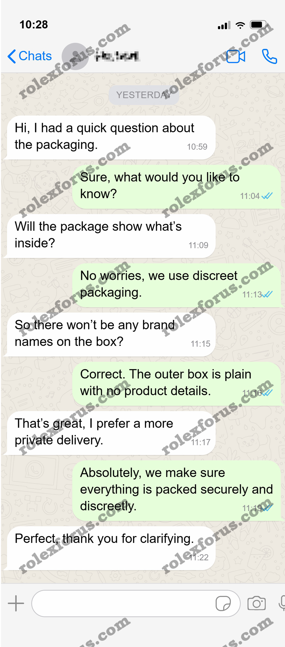 WhatsApp chat about private and discreet delivery.