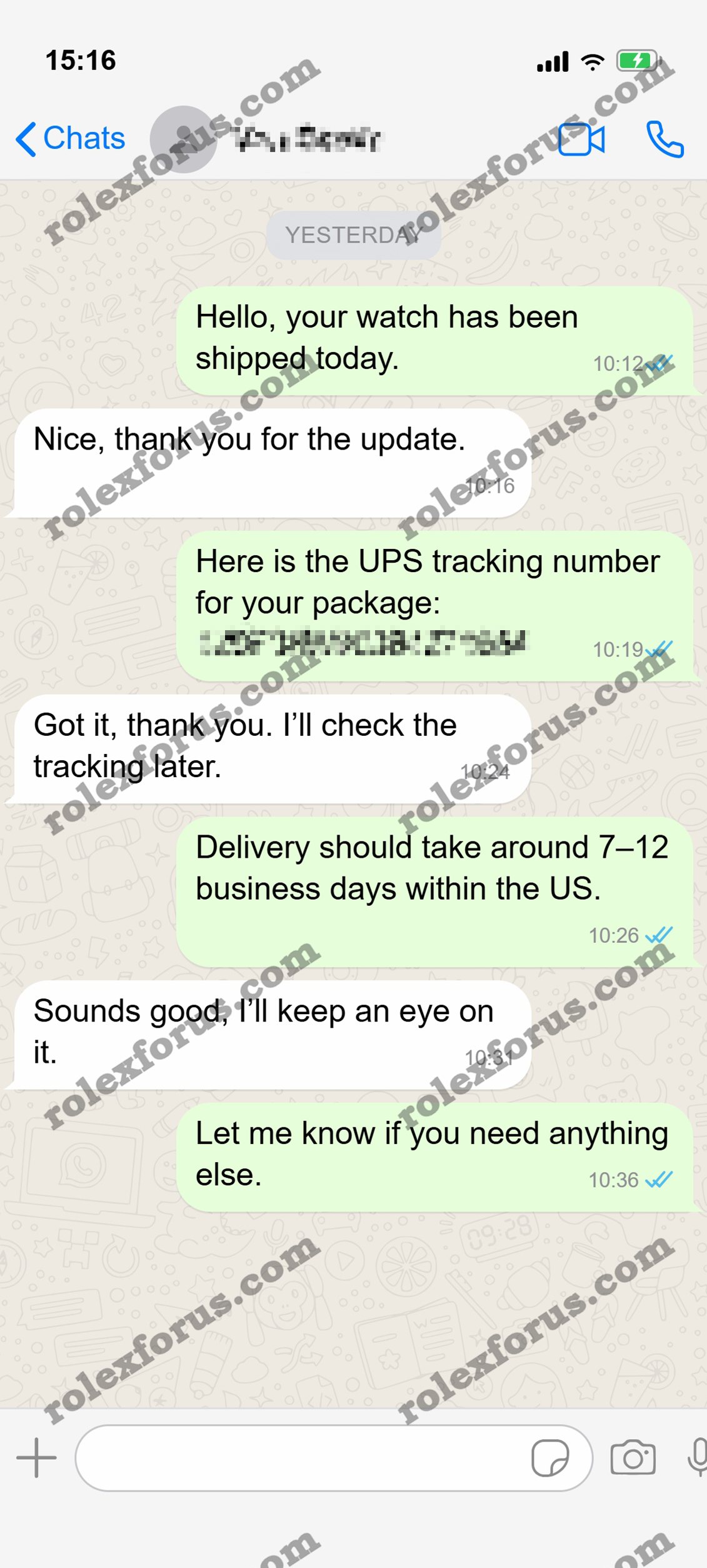 WhatsApp chat about shipping update and delivery time.