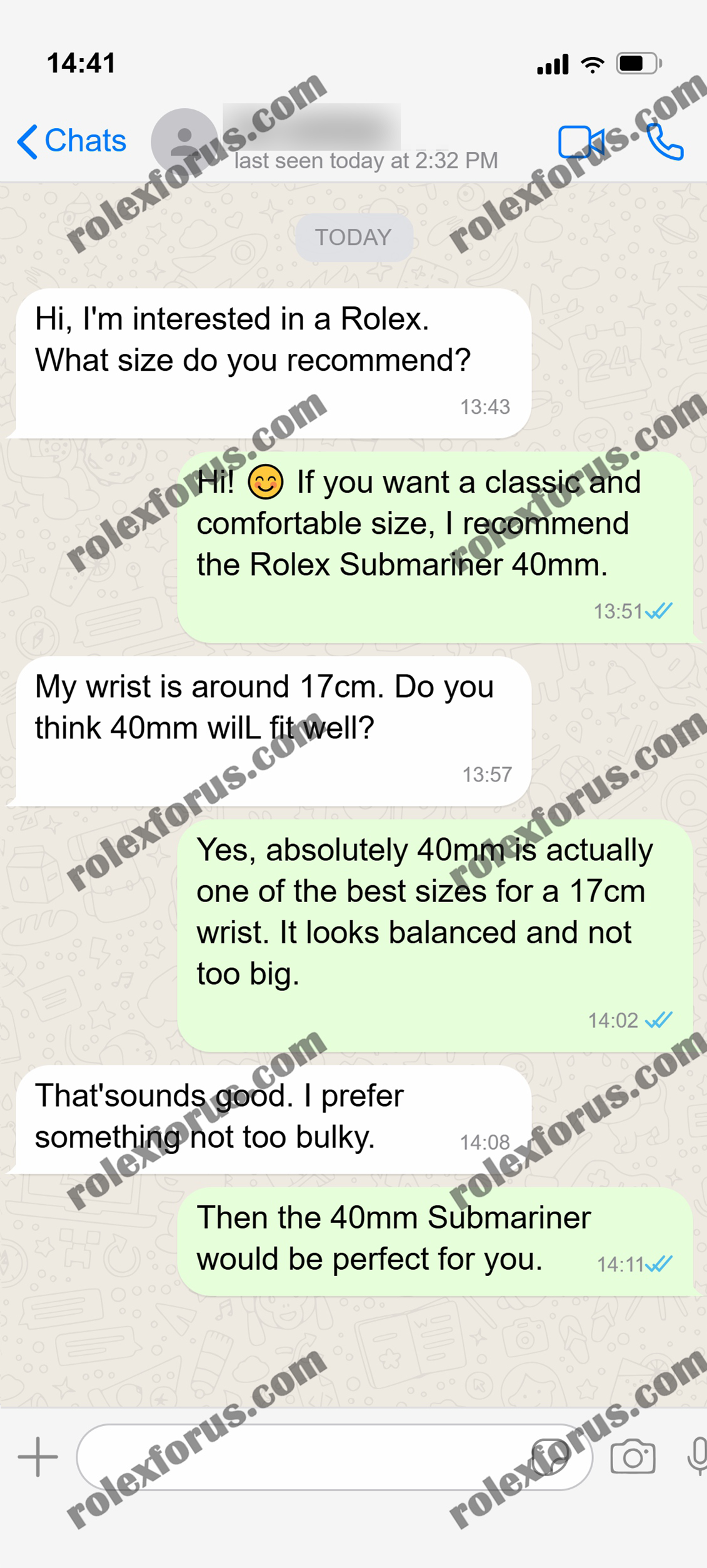 WhatsApp chat recommending a 40mm Rolex Submariner.