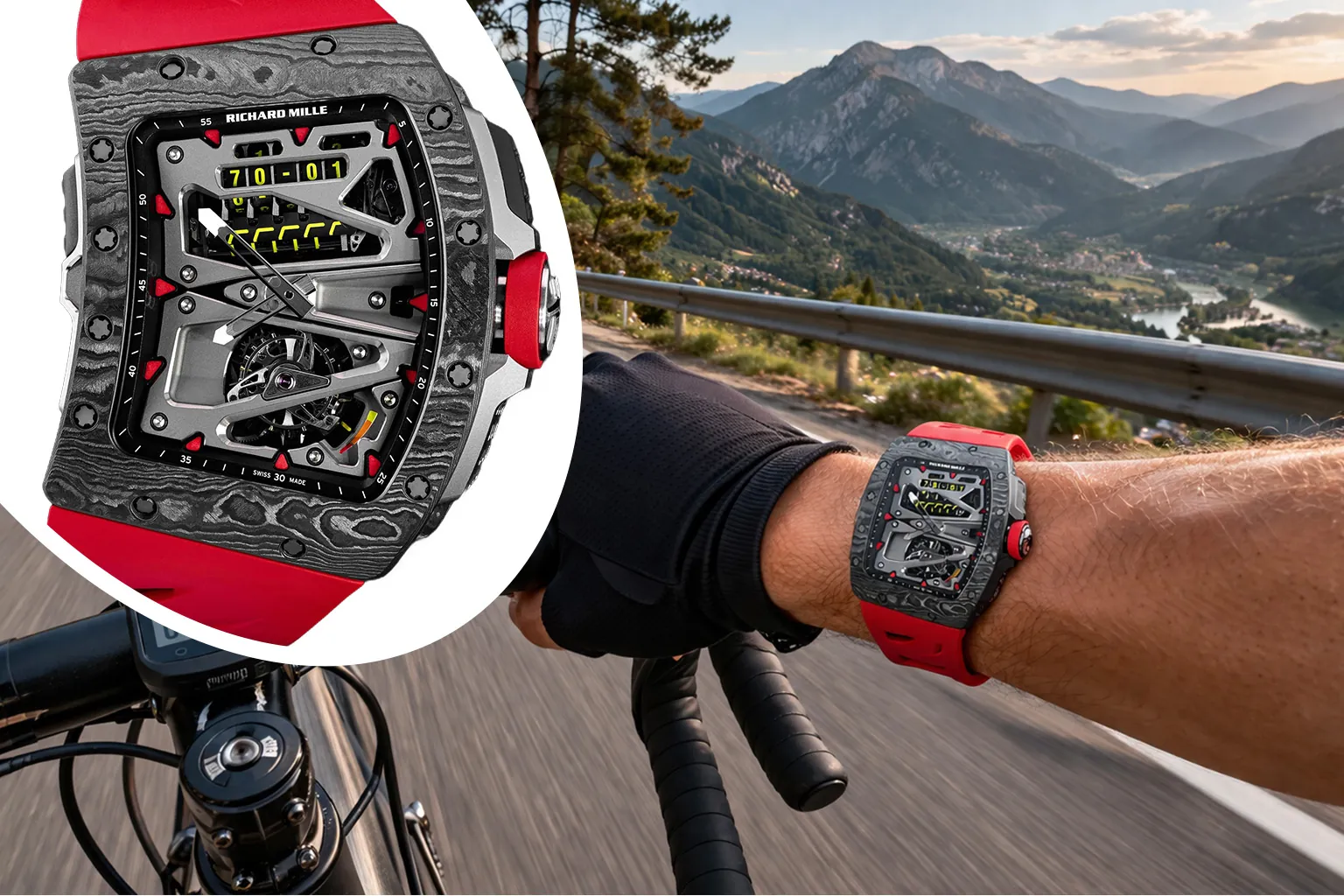Super Clone Richard Mille RM 70-01 Alain Prost Tourbillon on right wrist while cycling, showing Carbon TPT asymmetrical case and ergonomic design for optimal handlebar grip and readability