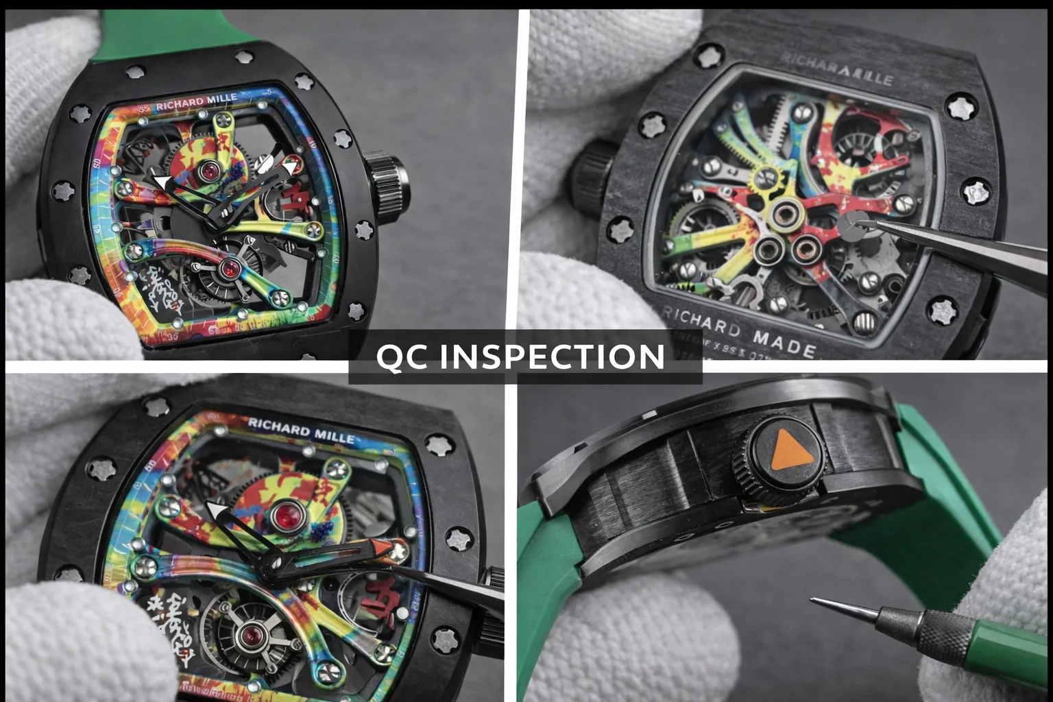 Richard Mille RM 68-01 Cyril Kongo tourbillon skeleton dial QC inspection collage with NTPT carbon case and green rubber strap