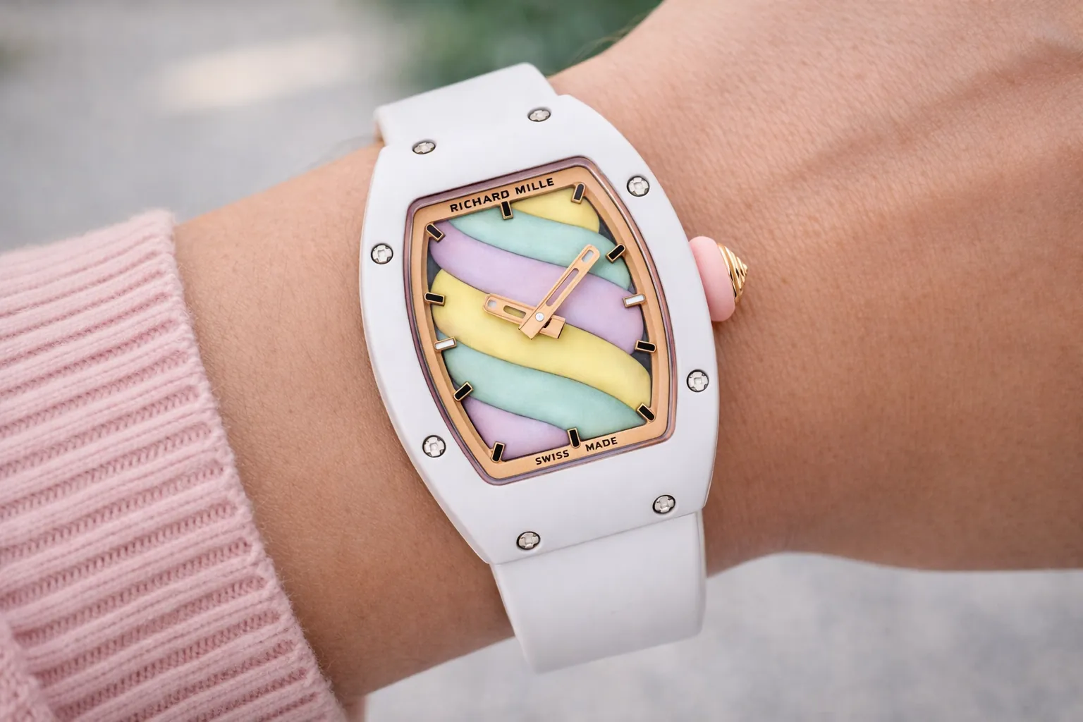 Richard Mille RM 07-03 replica on-wrist showcase: Iconic tonneau case in white ceramic, stunning pastel rainbow swirl dial, paired with a comfortable white rubber strap. This premium super clone delivers the iconic RM luxury aesthetic with a playful, feminine design perfect for everyday wear.