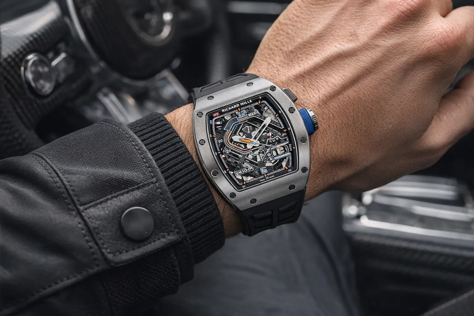 Dynamic on-wrist shot of the Richard Mille RM 30-01 replica, a legendary racing-inspired timepiece. Featuring a lightweight brushed titanium tonneau case, a bold skeleton dial with large date window and sport chronograph accents, and a comfortable black rubber strap. This premium super clone delivers the iconic RM high-performance design and technical innovation for discerning collectors.