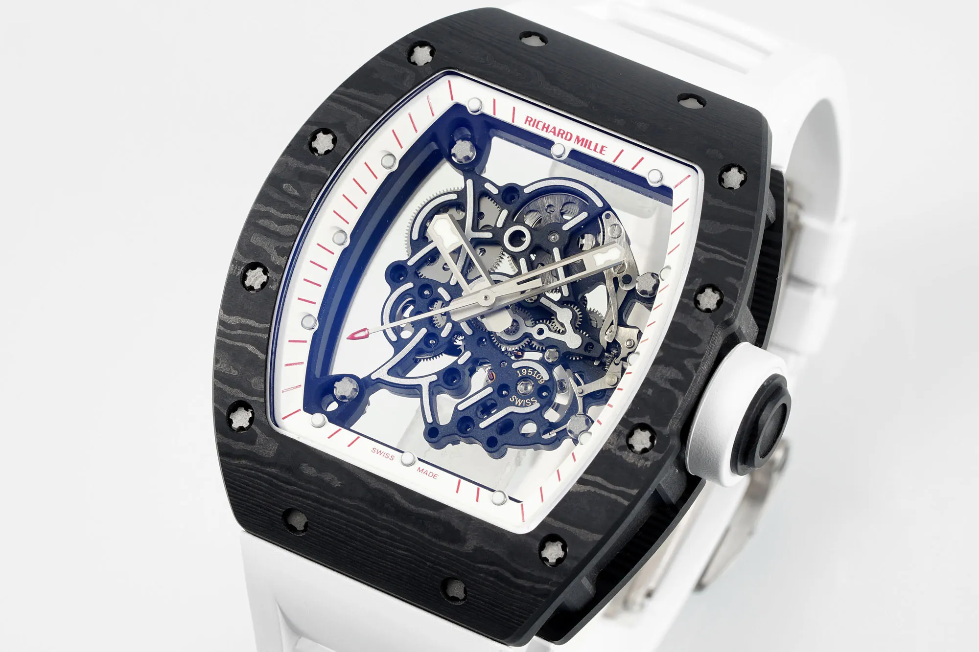 Richard Mille RM 055 Bubba Watson skeleton dial replica watch with carbon fiber case and white rubber strap