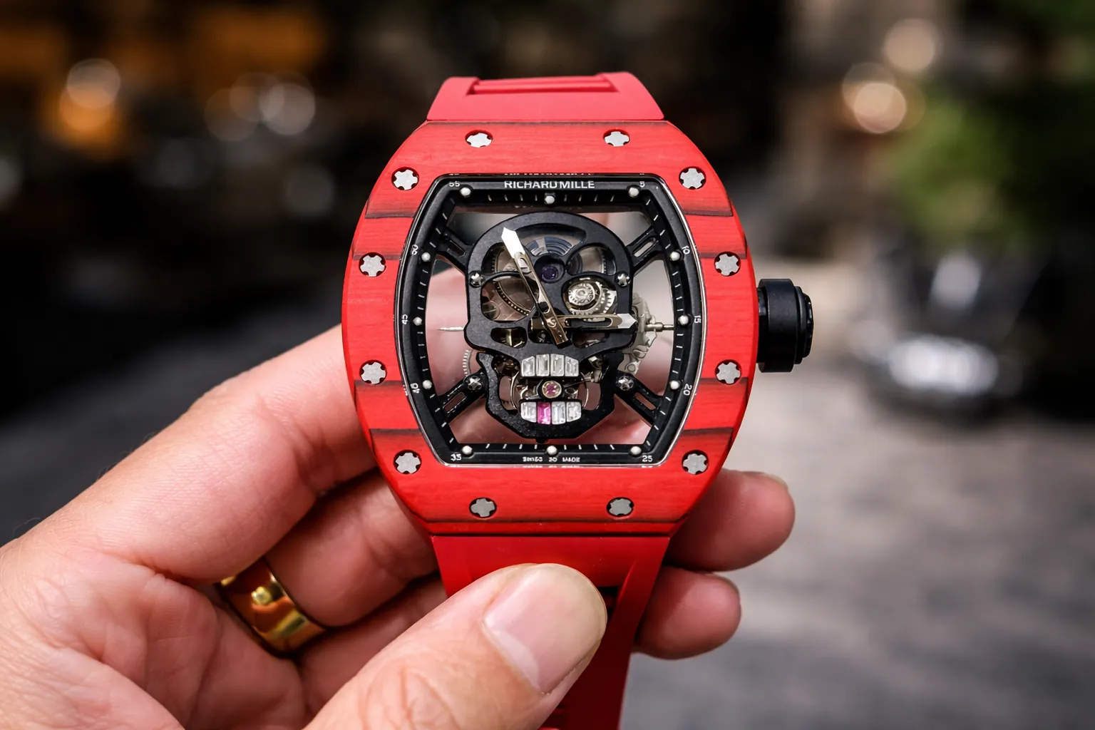 Stunning close-up of the Richard Mille RM 052 replica, the iconic Skull Tourbillon timepiece. Featuring a bold red carbon TPT tonneau case, a striking skeletonized skull dial with visible tourbillon movement, paired with a matching red rubber strap. This premium super clone delivers the legendary RM edgy, high-end design for collectors.