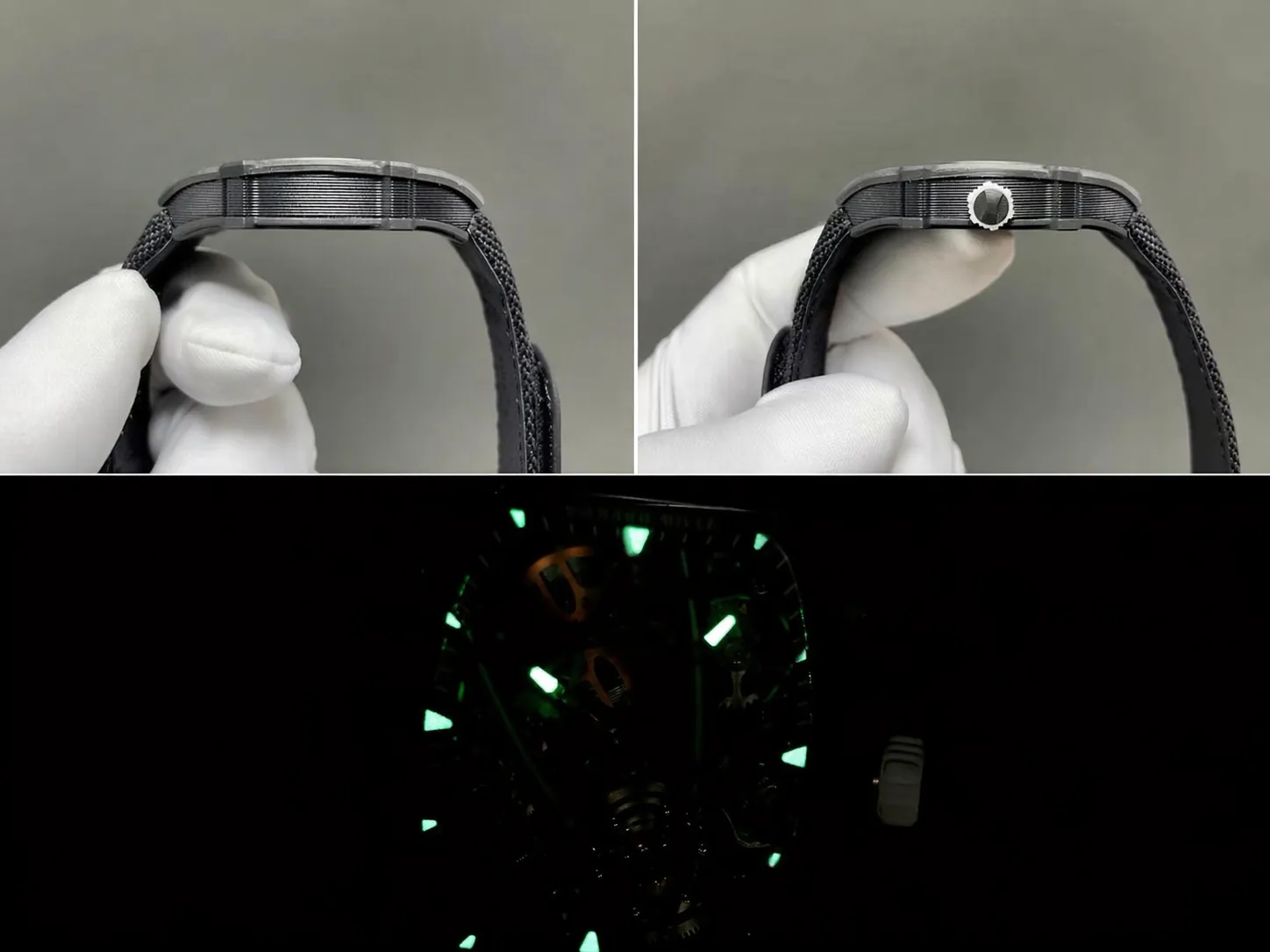 Richard Mille RM 27-05 side profile, showing the 8.5mm thickness, crown, and glowing lume in the dark.