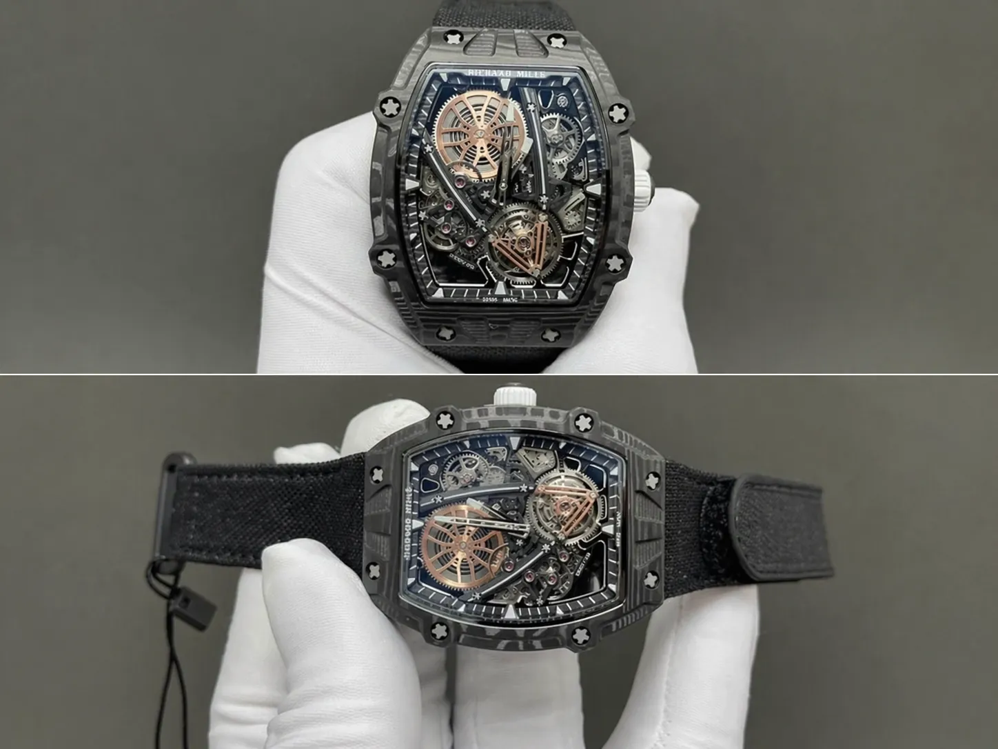 Close-up views of the Richard Mille RM 27-05, featuring a carbon fiber case, skeleton dial, and black textile strap.