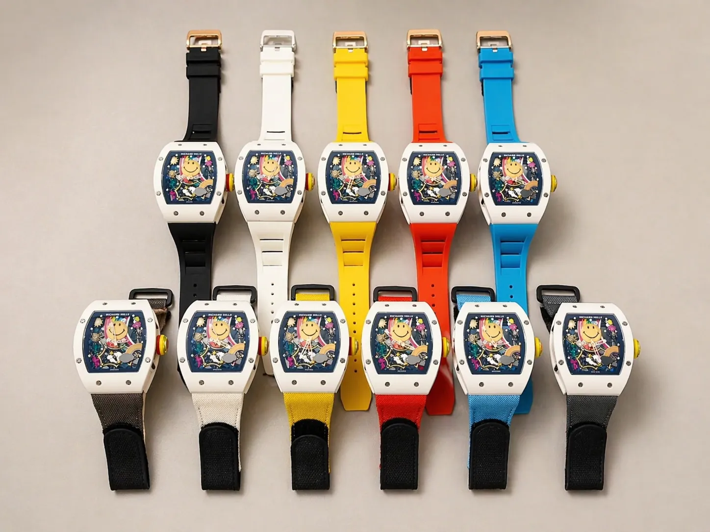 RM 88 Smiley automatic tourbillon watches in multiple strap colors including black, white, yellow, red and blue