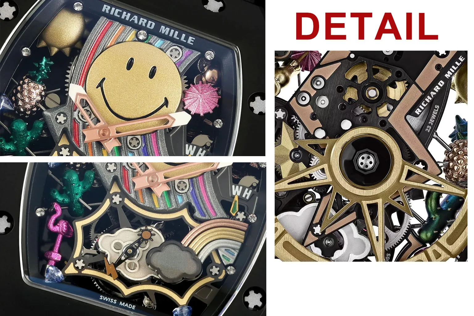 Close-up details of RM 88 Smiley skeleton dial showing intricate mechanical parts, colorful design elements and high-end finishing of the automatic tourbillon watch