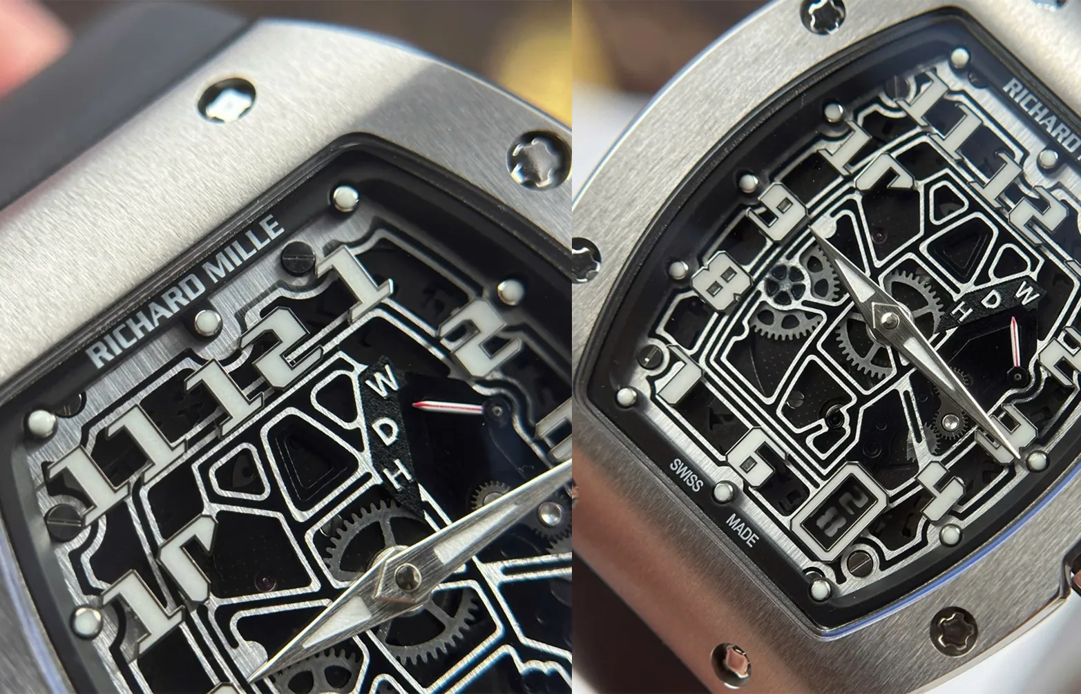RM skeleton dial detail close-up comparison