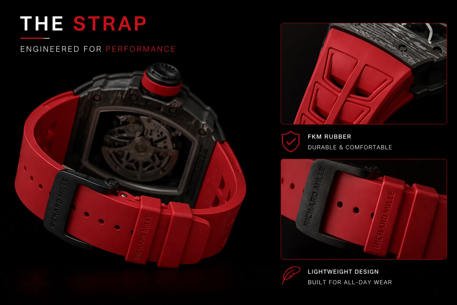 Richard Mille red rubber strap detail with FKM material and lightweight design