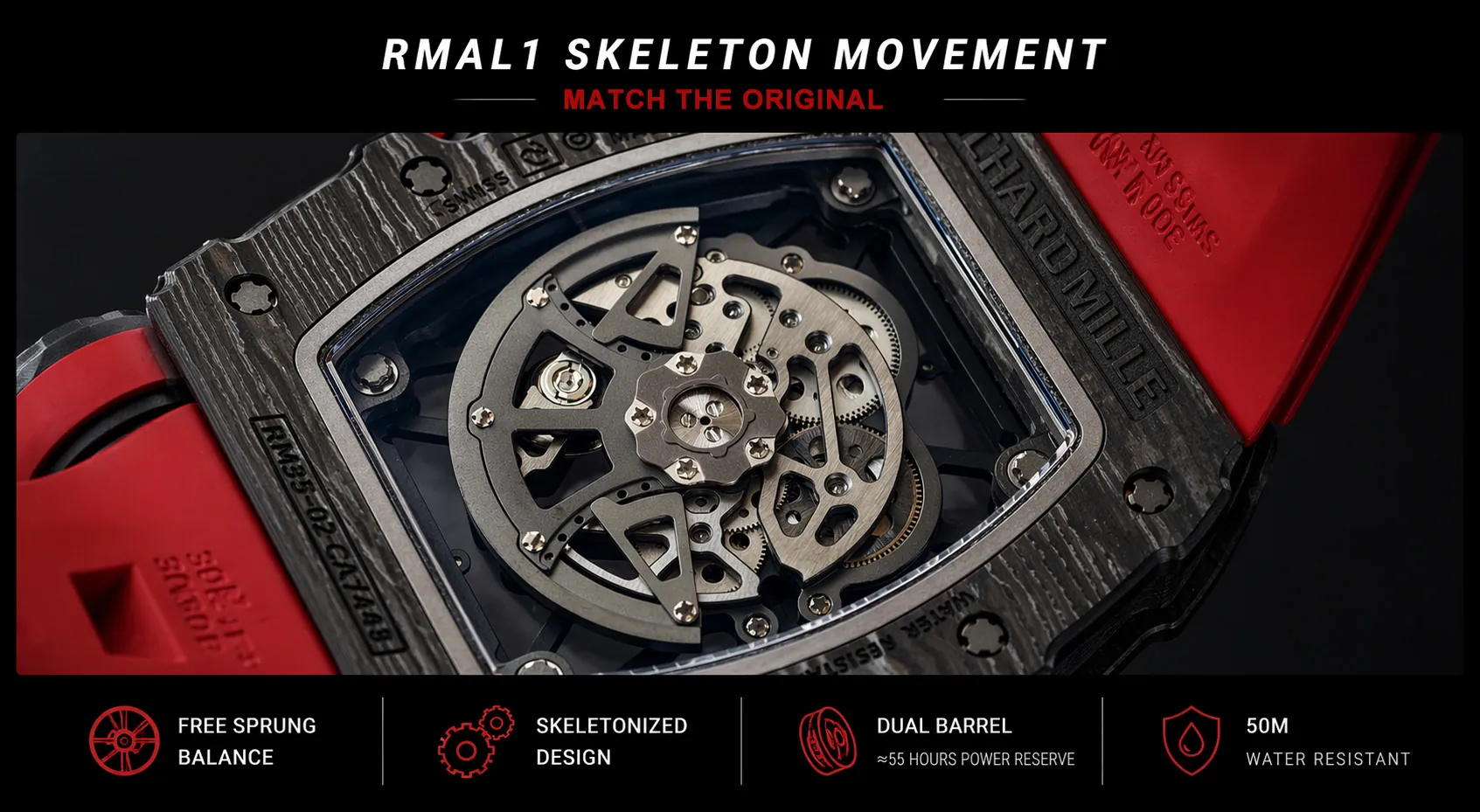 RMAL1 skeleton movement close-up with dual barrel and 55 hours power reserve
