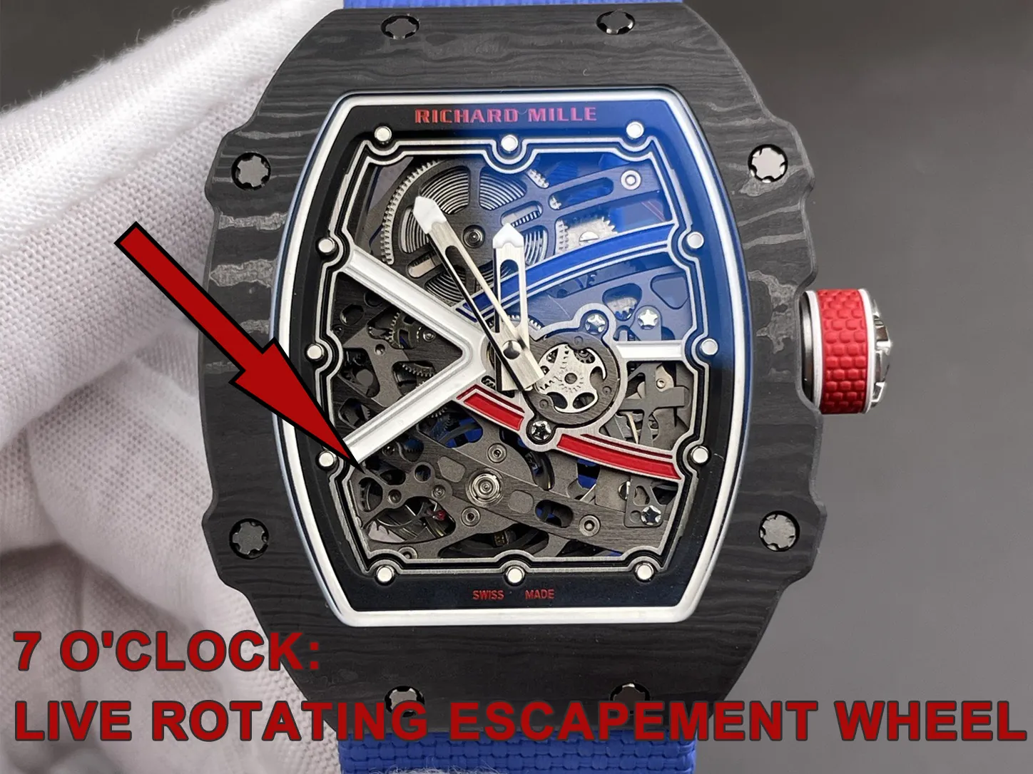Richard Mille RM 67-02 skeleton dial with visible escapement wheel at 7 o’clock mechanical movement detail