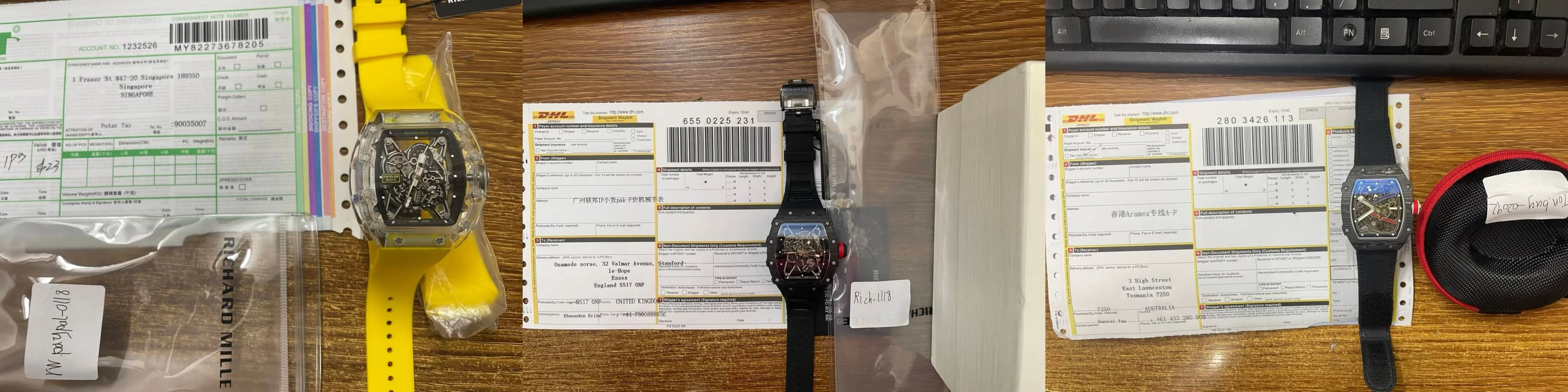 Real customer watch orders ready for shipment with tracking labels and packaging proof international delivery