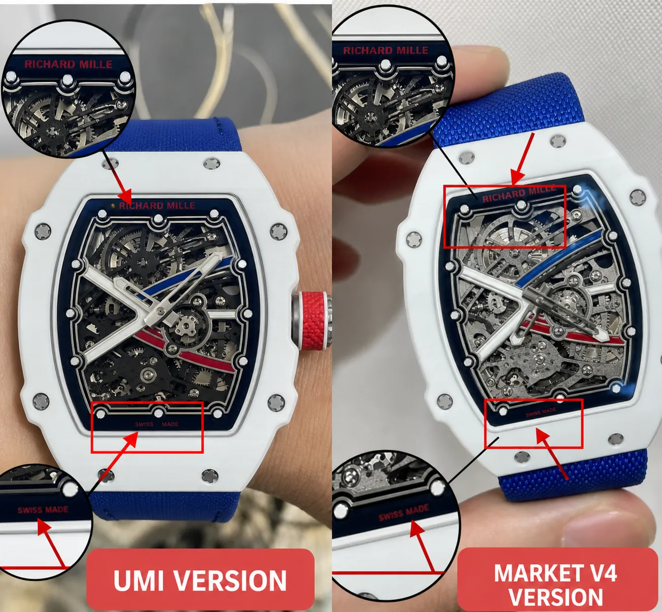 Richard Mille RM 67-02 Alexis Pinturault replica ကို UMI Studio version နှင့် ယေဘုယျဈေးကွက် V4 version နှစ်ခုကို ဘေးဘက်တွင် နှိုင်းယှဉ်ထားသည်။ အဓိကကွာခြားချက်များတွင် 'RICHARD MILLE' နှင့် 'SWISS MADE' စာသားအသေးစိတ်၊ ဖောင့်မှန်ကန်မှုနှင့် အဆုံးသတ်အရည်အသွေးတို့ ပါဝင်ပြီး UMI ၏ ထူးခြားသော လက်ရာနှင့် အမှန်တရားကို ဖျော်ဖြေရန်။