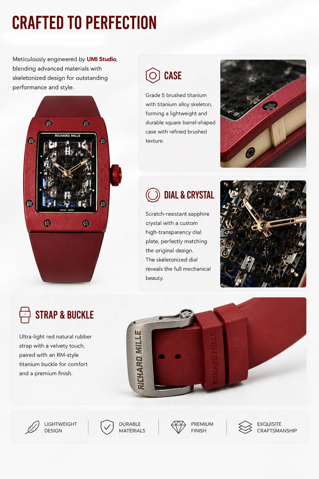 Replica Richard Mille RM 16-02 Terracotta by UMI Studio, featuring a lightweight Grade 5 brushed titanium case with a rich terracotta finish, scratch-resistant sapphire crystal, and fully skeletonized dial. Paired with an ultra-soft red natural rubber strap and RM-style titanium buckle, it delivers premium comfort and authentic mechanical beauty.