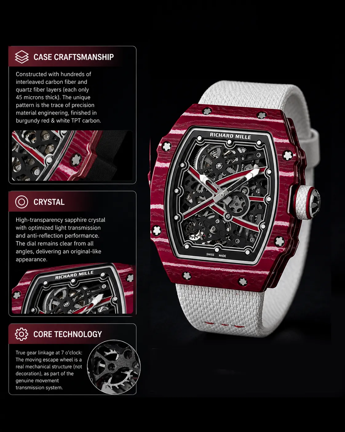 Replica Richard Mille RM 67-02 Mutaz Barshim by UMI Studio, featuring a burgundy red & white TPT carbon case built from hundreds of interleaved carbon and quartz fiber layers. Equipped with a high-transparency anti-reflective sapphire crystal and true mechanical gear linkage, paired with a breathable white nylon strap for a sporty, premium finish.
