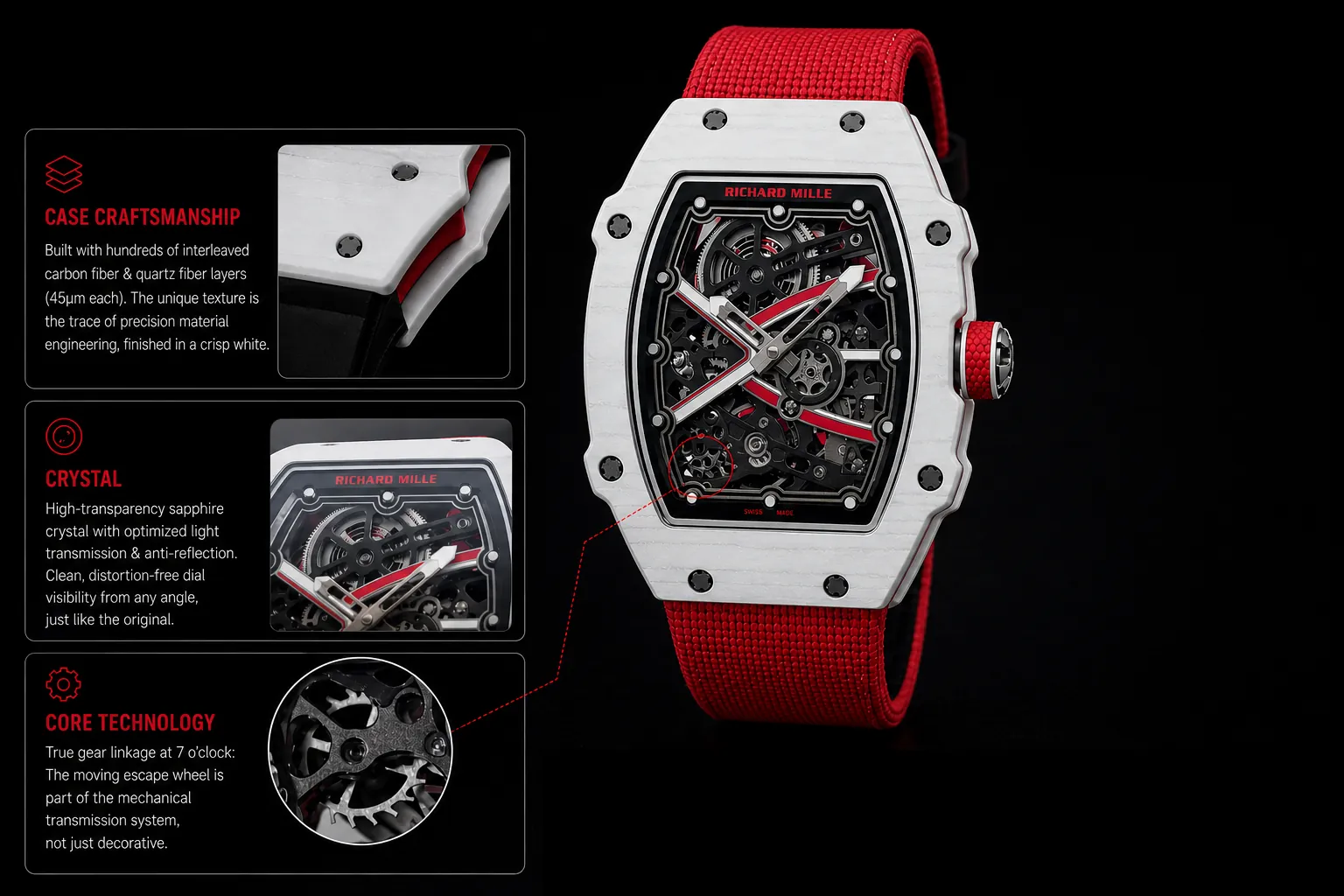 Replica Richard Mille RM 67-02 Charles Leclerc by UMI Studio, featuring a multi-layer white carbon and quartz fiber case, high-transparency anti-reflective sapphire crystal, and true functional gear linkage. This precision-restored skeleton watch delivers authentic mechanical performance and premium materials.