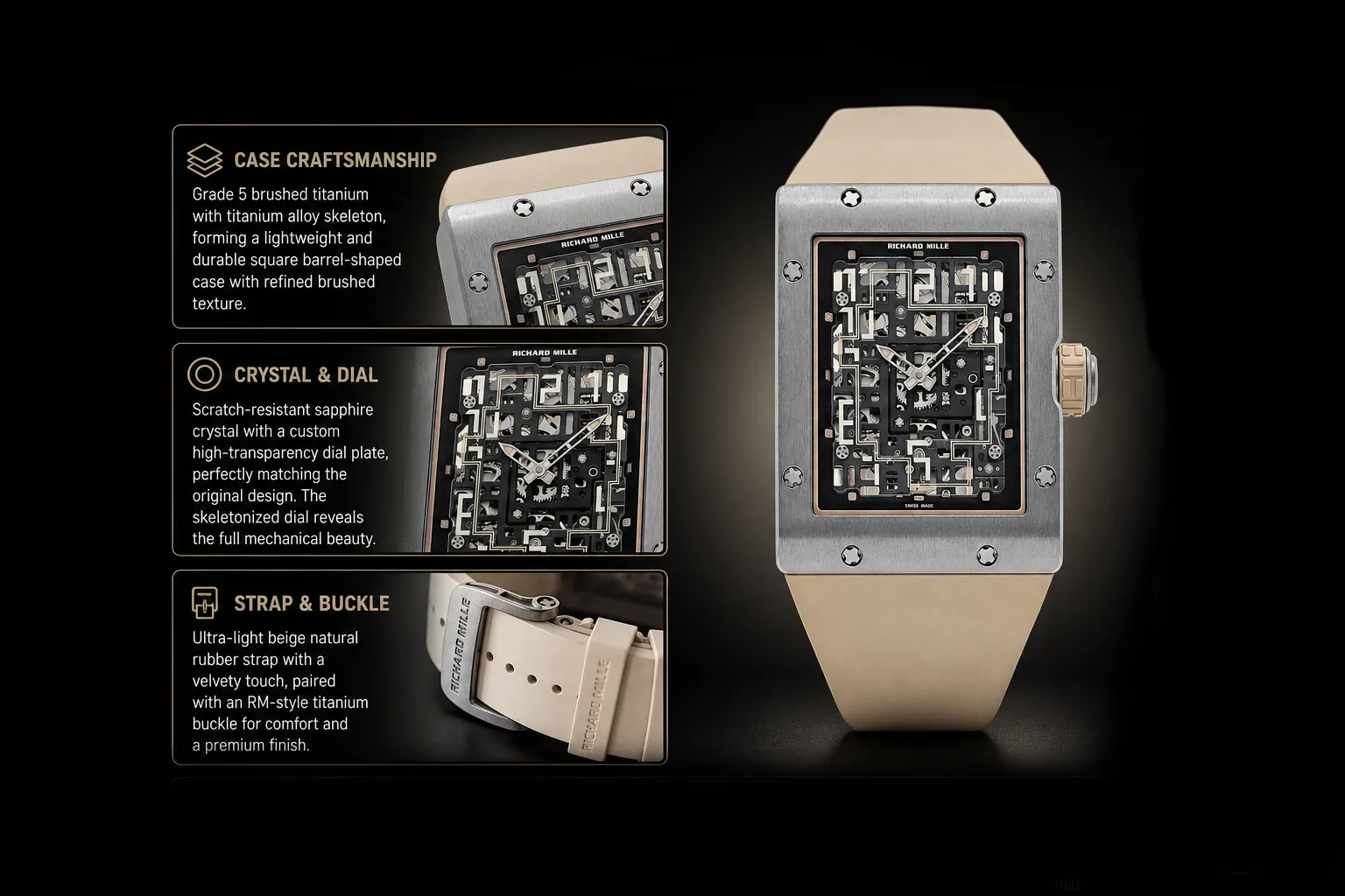 Replica Richard Mille RM 16-02 Extra Flat by UMI Studio, featuring a lightweight Grade 5 brushed titanium square case, scratch-resistant sapphire crystal, and fully skeletonized mechanical dial. Paired with an ultra-soft beige natural rubber strap and titanium buckle, this watch delivers premium comfort and authentic minimalist mechanical beauty.