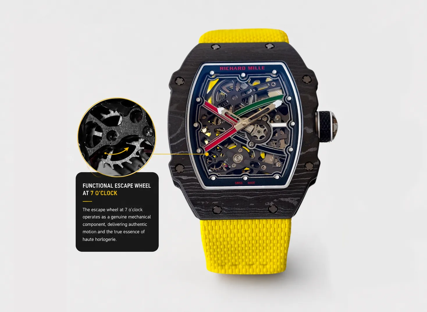 Replica Richard Mille RM 67-02 UAE Edition, featuring a black Carbon TPT composite case, Italian flag-inspired hands, and a fully functional escape wheel at 7 o'clock. Paired with a vibrant yellow fabric strap, it delivers authentic mechanical motion and sporty luxury aesthetics.