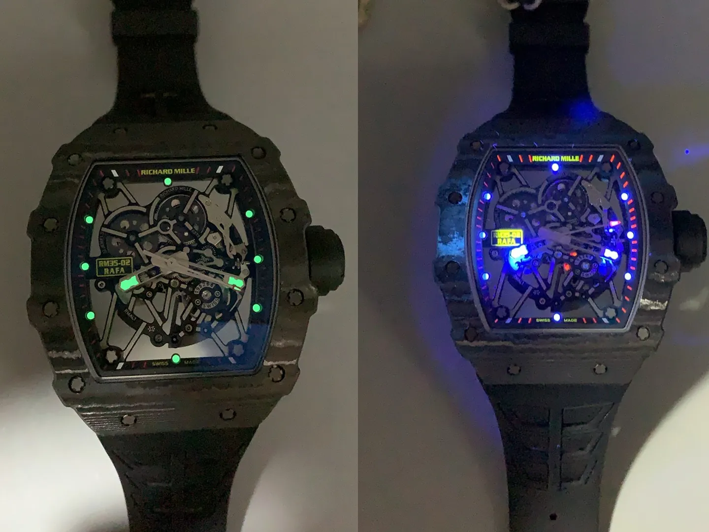 Richard Mille RM35-02 Replica Super Lume Skeleton Dial Carbon Fiber Sports Watch Night Glow Effect