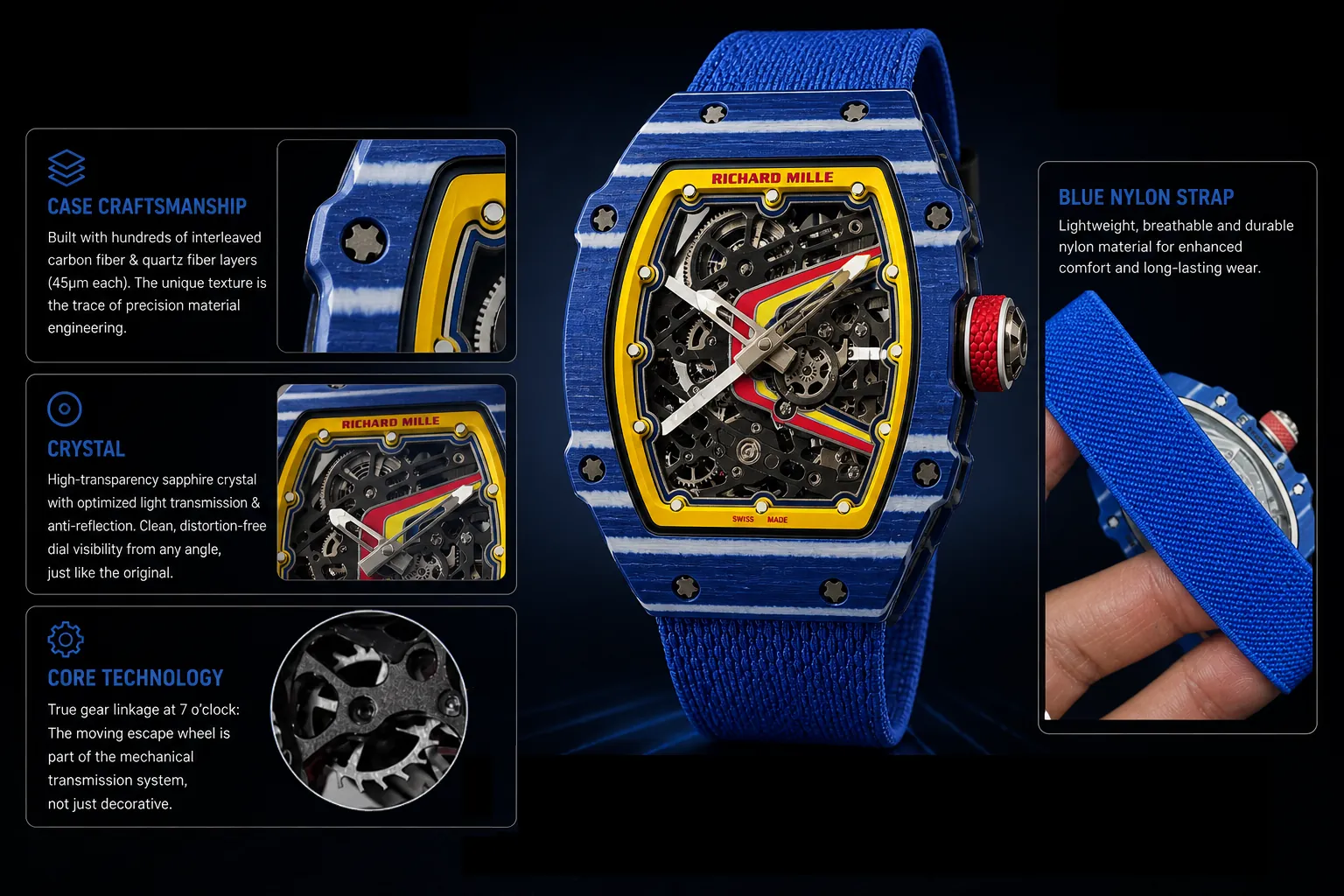 Replica Richard Mille RM 67-02 Fernando Alonso by UMI Studio, featuring a multi-layer blue carbon and quartz fiber case, high-transparency anti-reflective sapphire crystal, and true functional gear linkage. This precision-restored skeleton watch comes with a lightweight, breathable blue nylon strap for sporty comfort.