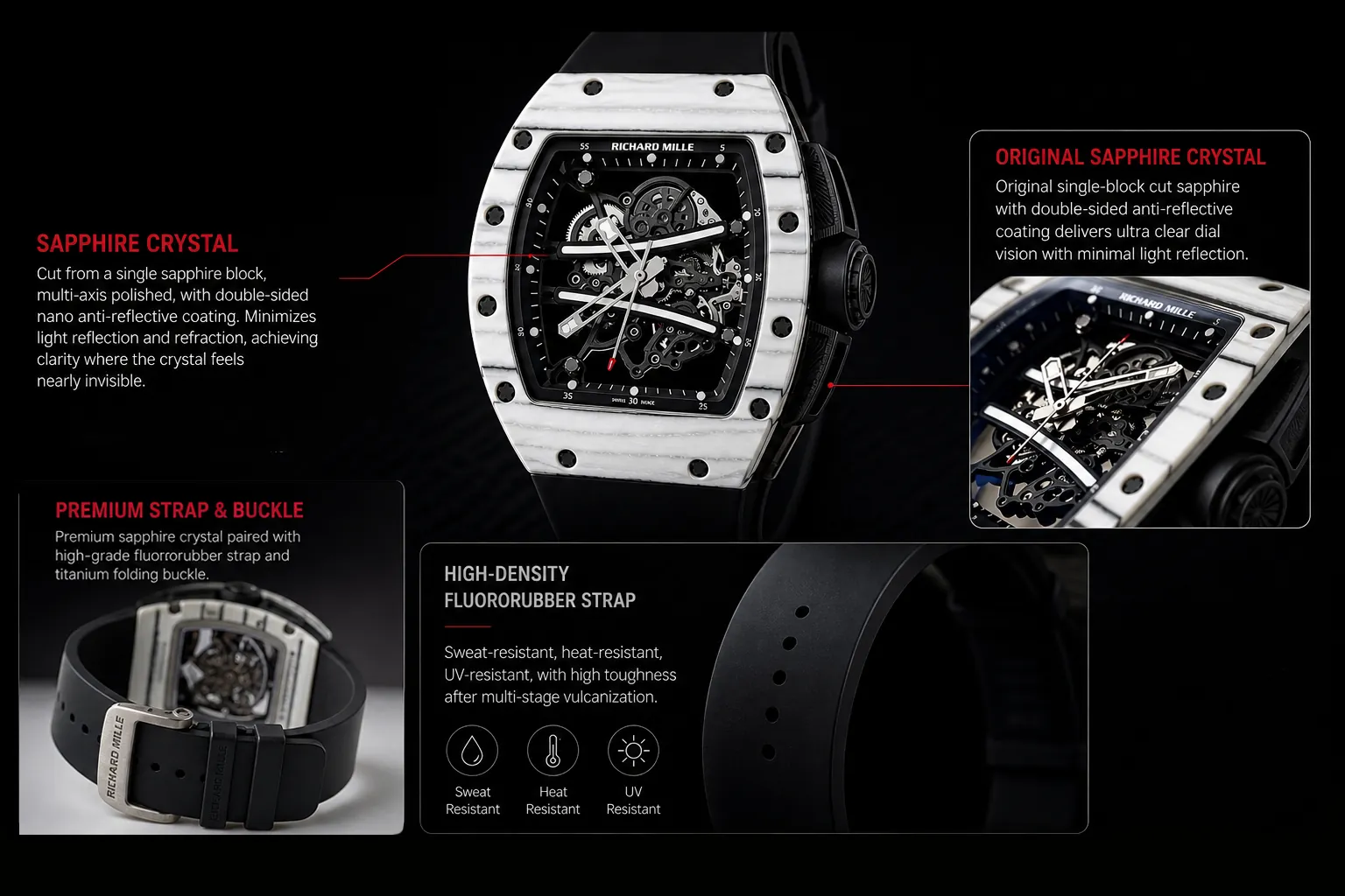 Replica Richard Mille RM 61-01 Yohan Blake by UMI Studio, featuring a single-block cut sapphire crystal with double-sided anti-reflective coating and a high-density fluororubber strap. This precision-restored skeleton watch delivers ultra-clear dial vision and sweat/heat-resistant durability.