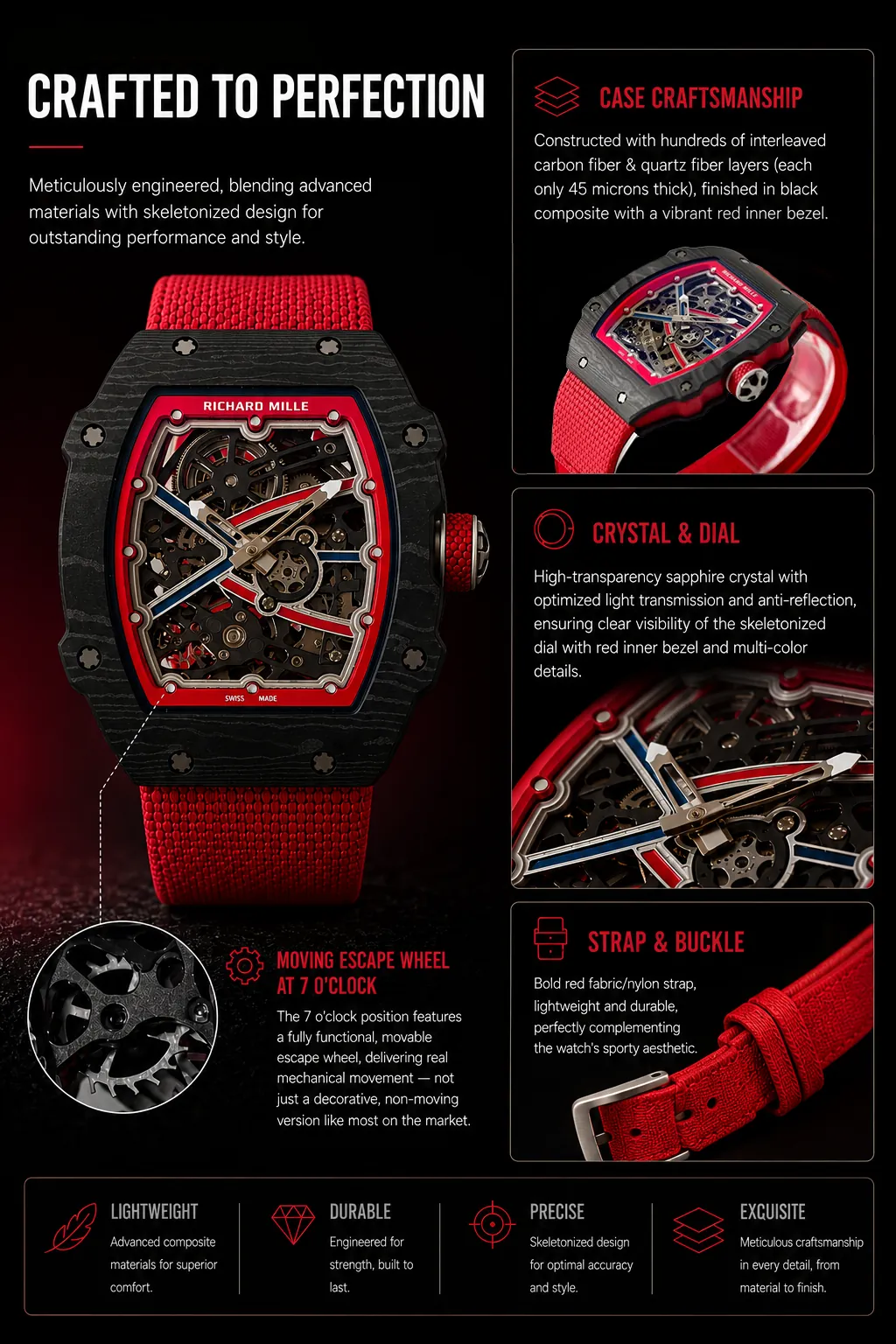 Replica Richard Mille RM 67-02 Norway meticulously engineered with a black carbon composite case and vibrant red inner bezel. It features a high-transparency anti-reflective sapphire crystal, a fully functional moving escape wheel at 7 o'clock, and a bold red fabric strap, delivering authentic mechanical performance and sporty aesthetics.
