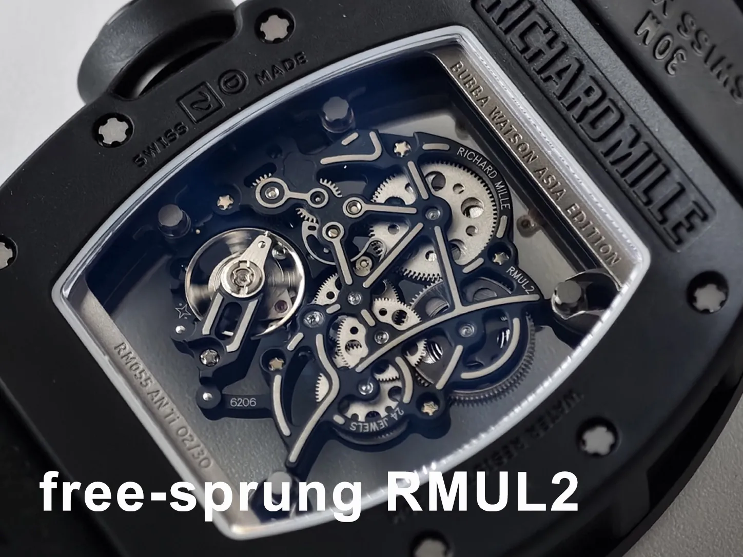 RM055 UMI’s upgraded custom RMUL2 manual winding skeleton movement
