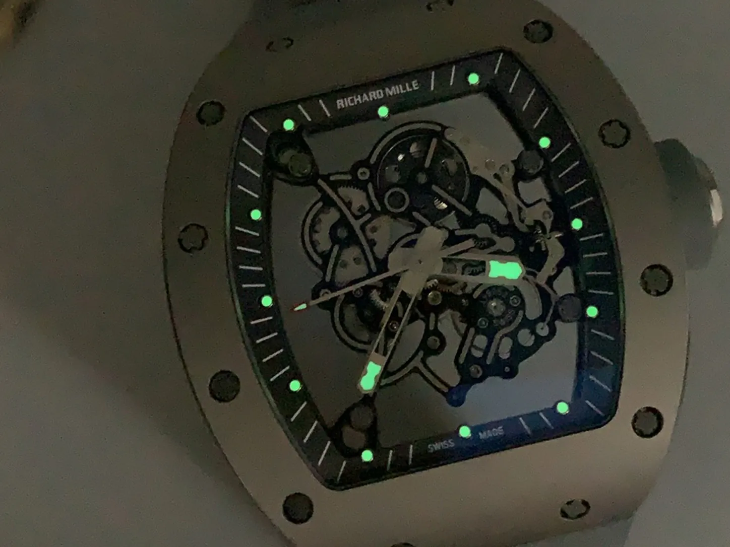 UMI Richard Mille RM 055 Bubba Watson All Grey Super Clone skeleton dial with glowing green lume markers and hands in low light
