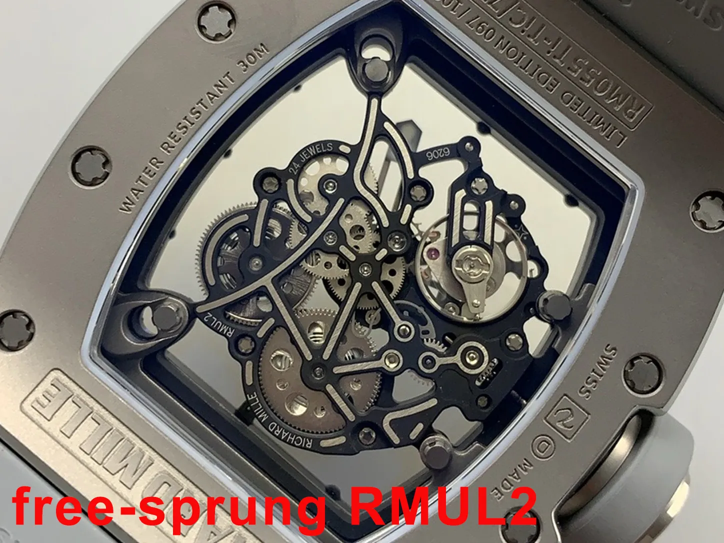 RMUL2 free-sprung skeleton movement close-up with 24 jewels and detailed engravings - UMI Richard Mille RM 055 All Grey