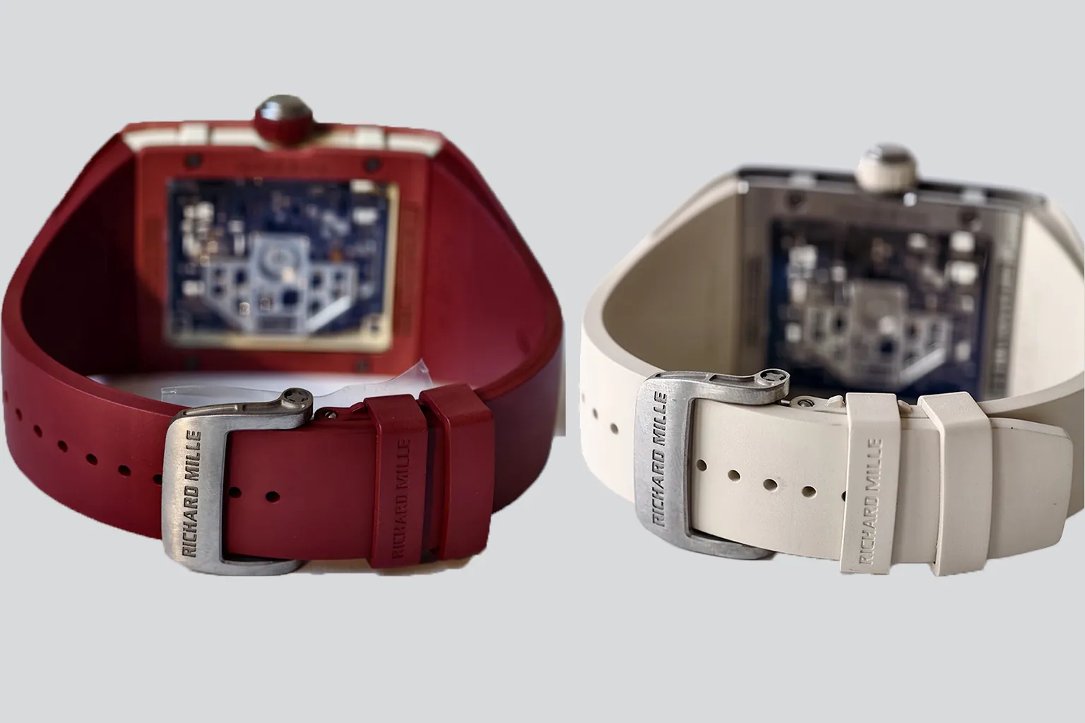 UMI Factory Richard Mille RM 16-02 caseback comparison - Red and White rubber straps with titanium buckle details